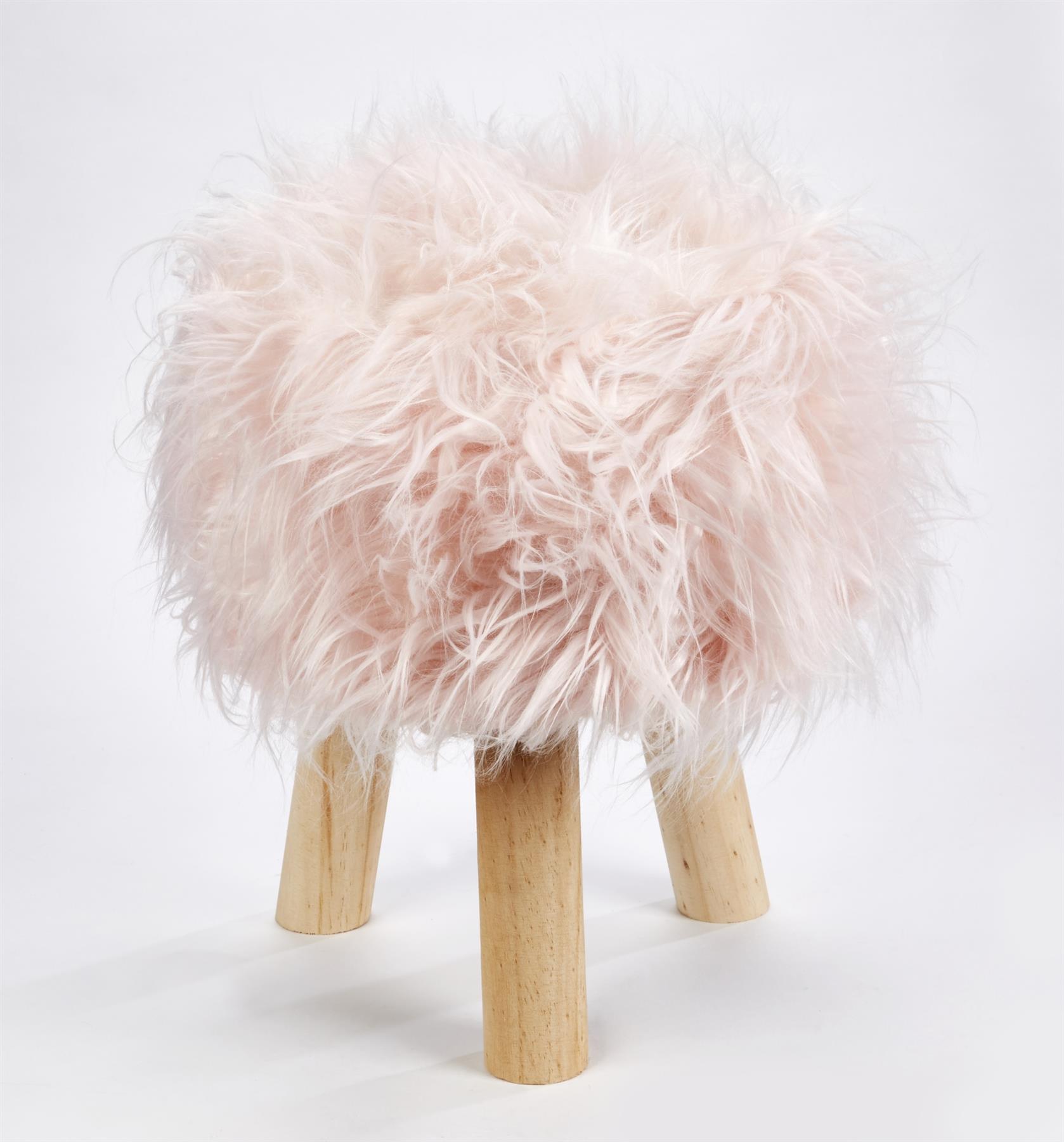 Mongolian Faux Fur Foot Stool Wooden Leg Pouffe Scandi Round Circular Footstools - Picture 12 of 17