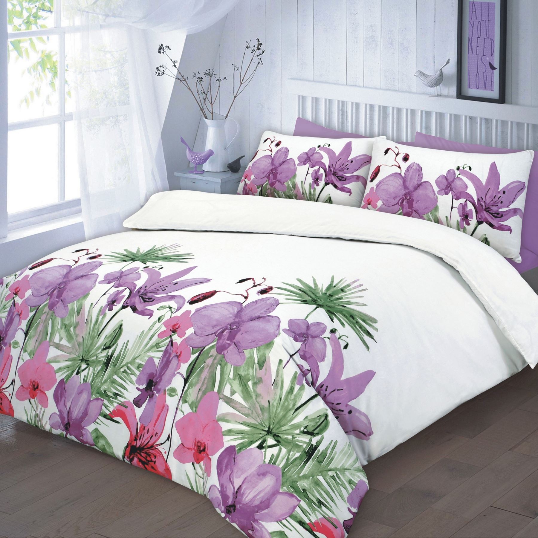 Floral Quilt Duvet Cover & Pillowcase Teal Pink Lilac