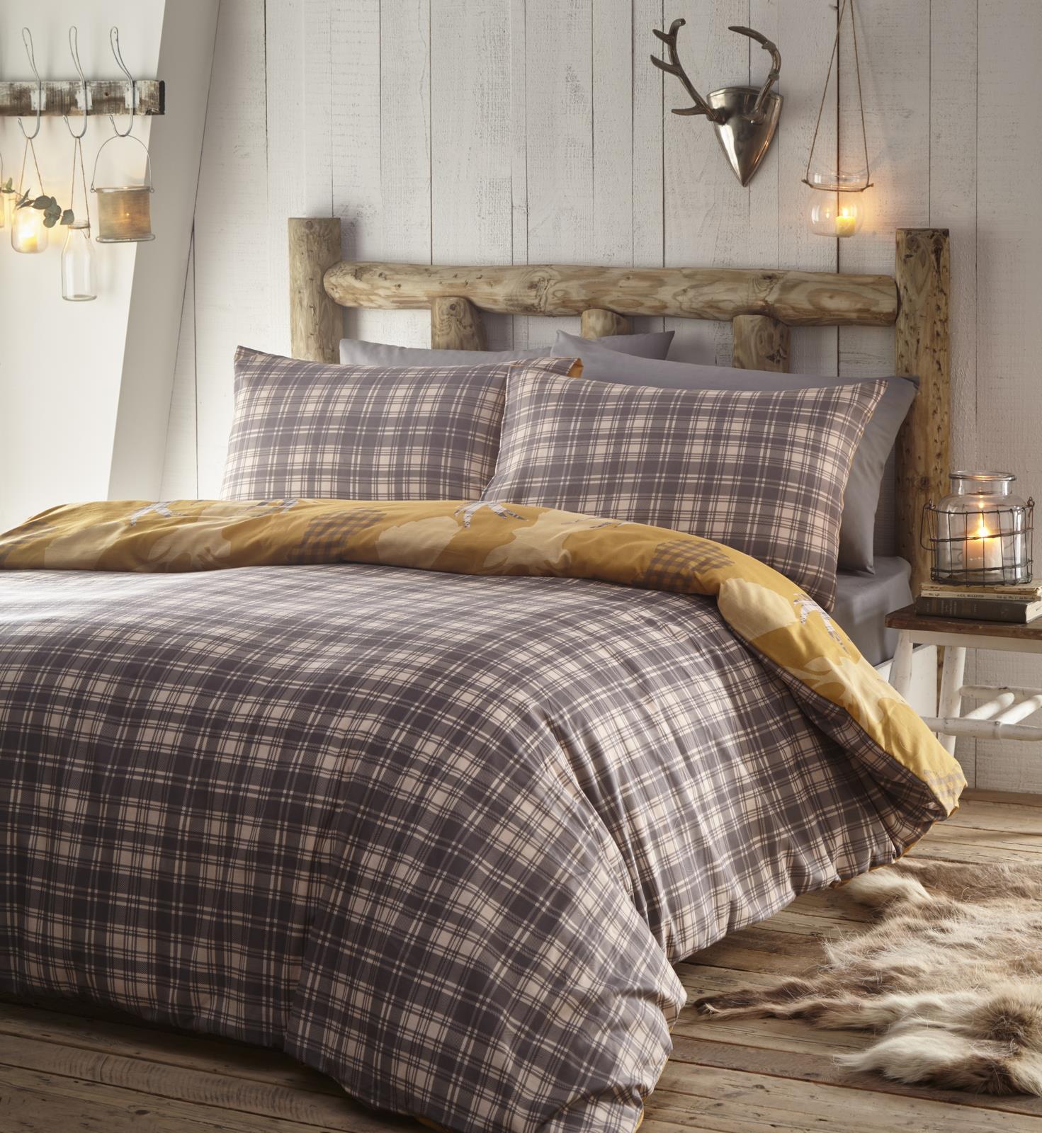 Stag Duvet Cover Set Reversible Checked Quilt Cover Bedding Bed Set eBay
