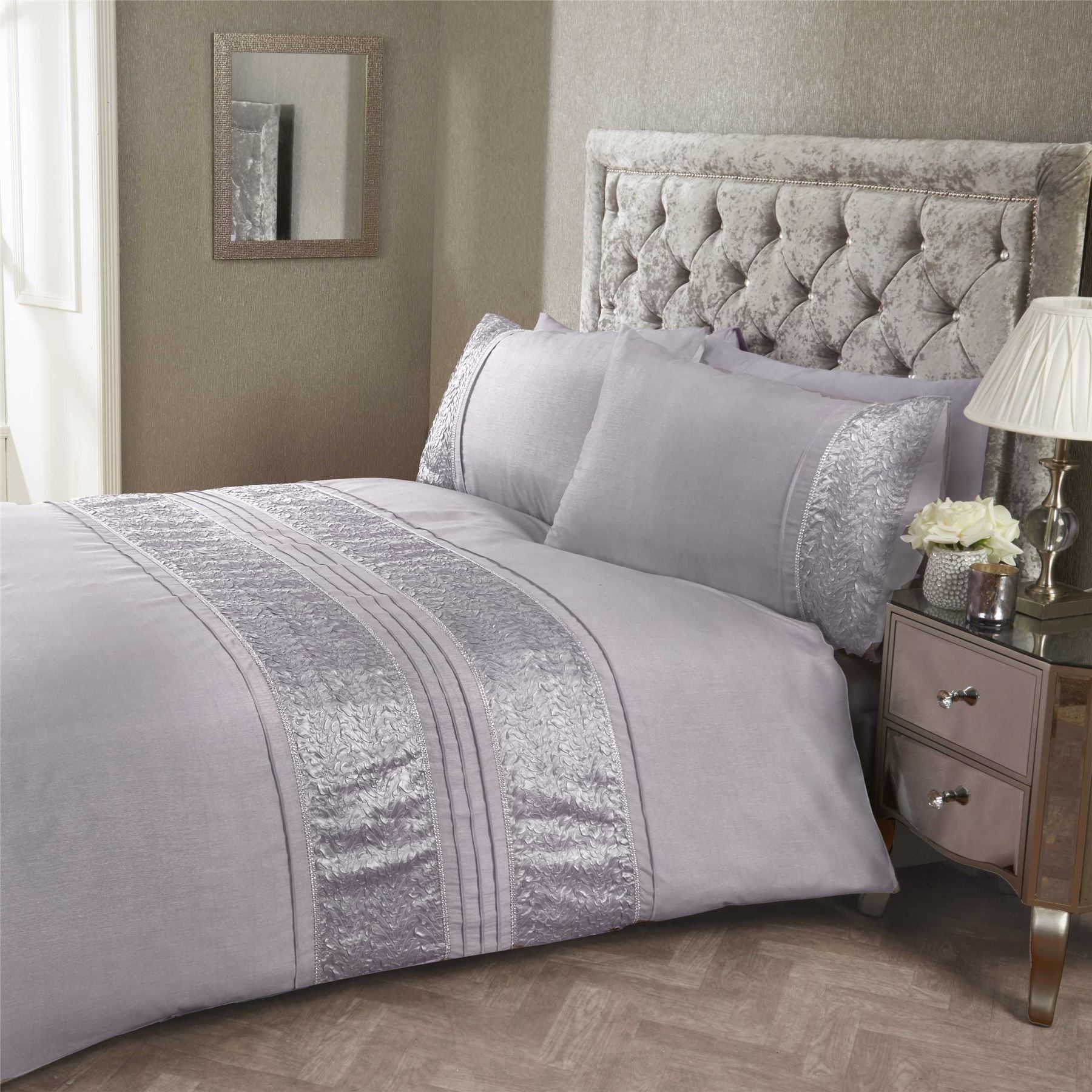 Crystal Duvet Quilt Cover Bed Sets Diamante Detail White Silver or