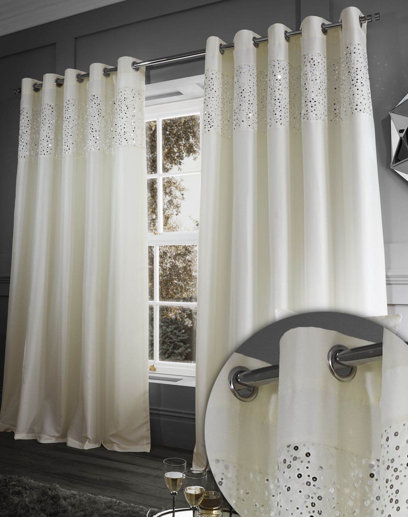 Catherine Lansfield Glitzy Eyelet Curtain Pair Fully Lined Or Cushion Cover New - Picture 5 of 16