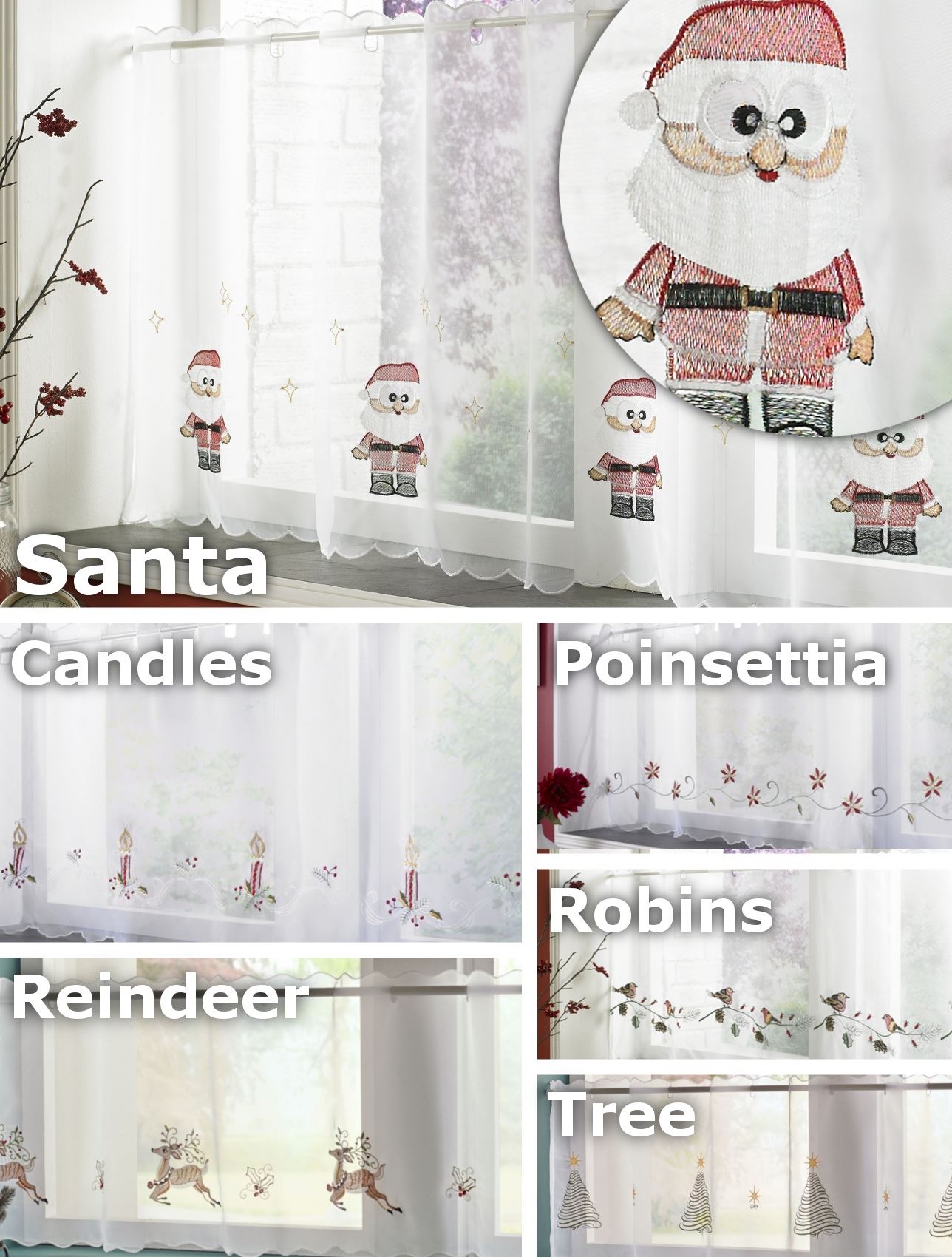 Christmas Kitchen Nets Cafe Curtains Ready Made Father Christmas Robin Ebay