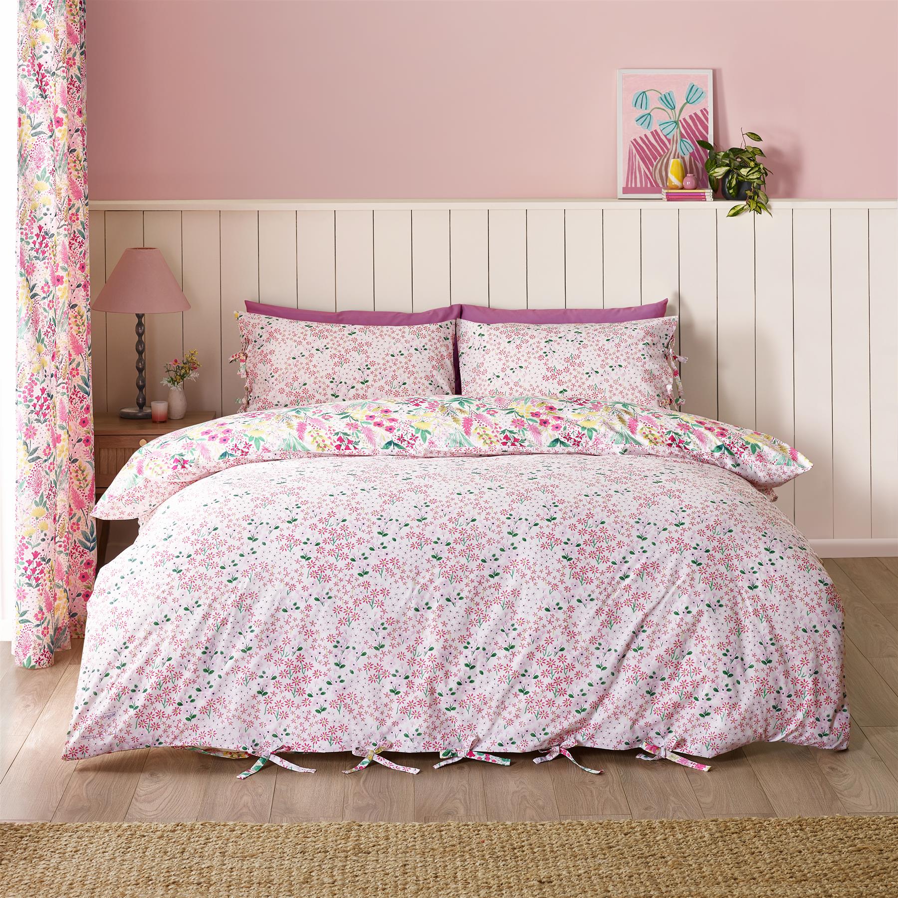 Catherine Lansfield Tilly Floral Duvet Cover Set Curtains Bedspread Reversible - Picture 28 of 44