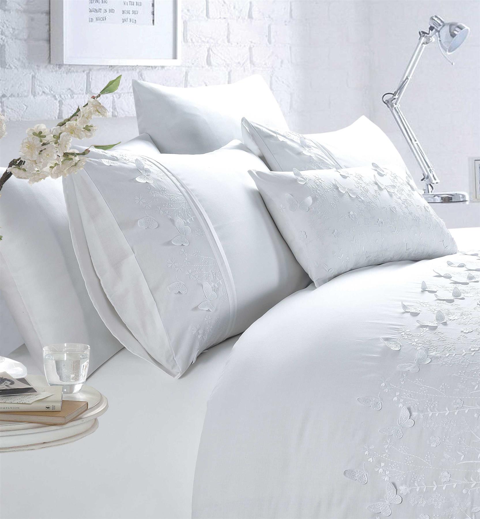 Butterflies Luxury Duvet Cover Embroidered Bedding Cushion White Pink Papillon