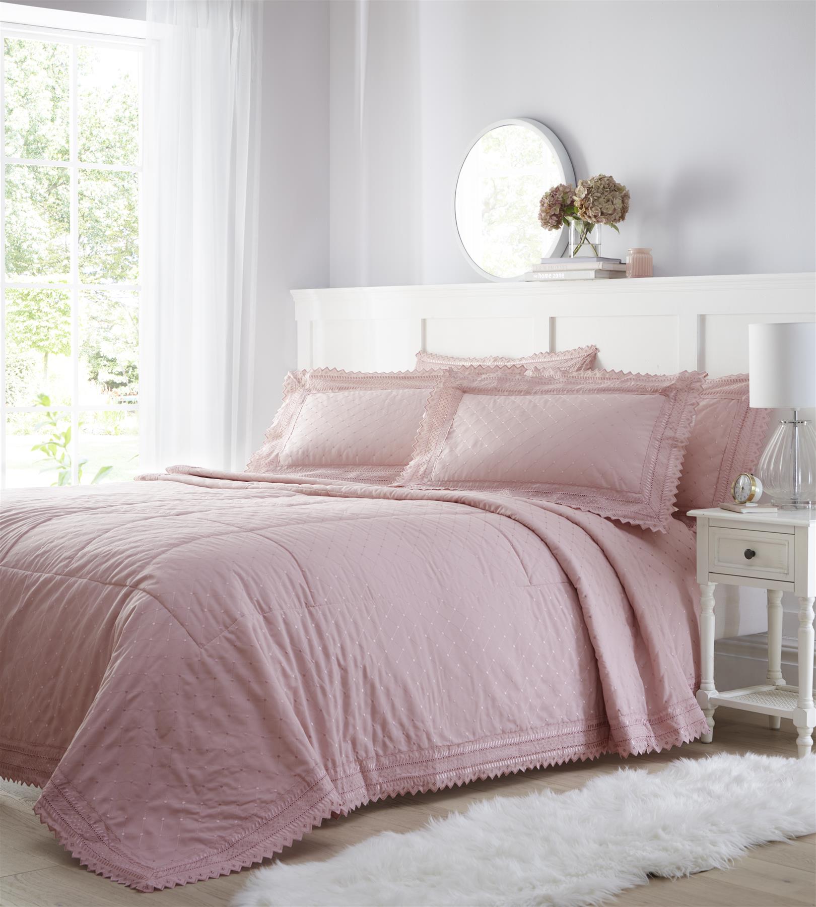 Balmoral Broderie Anglaise Quilted Bedspread Throw Throwover Set 3 Colours - Picture 9 of 10