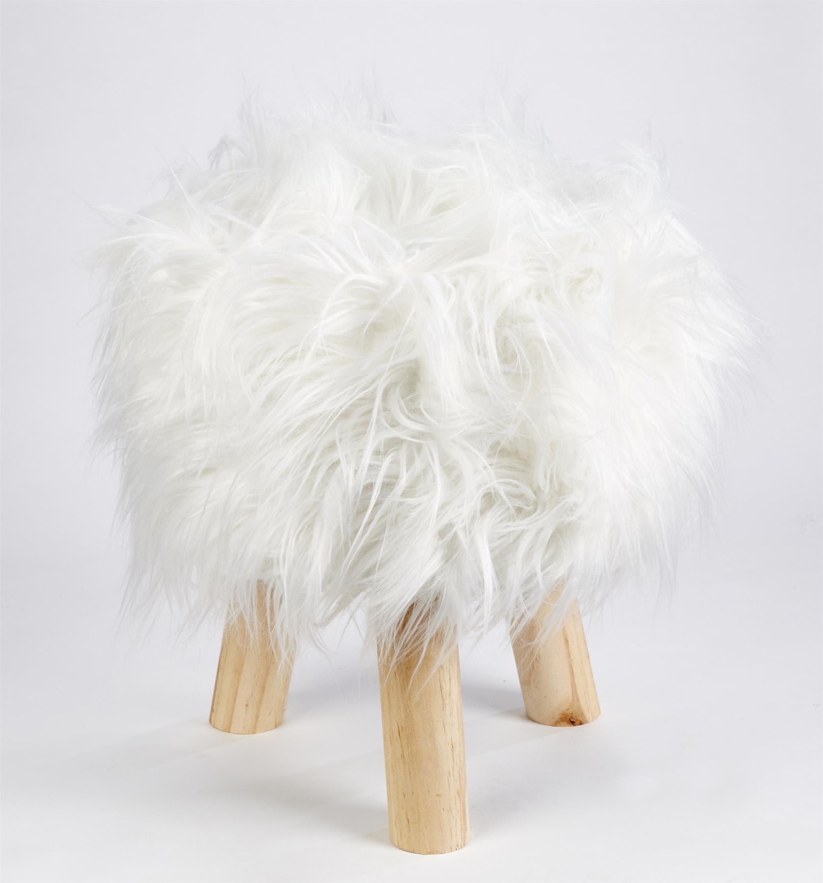 Mongolian Faux Fur Foot Stool Wooden Leg Pouffe Scandi Round Circular Footstools - Picture 16 of 17