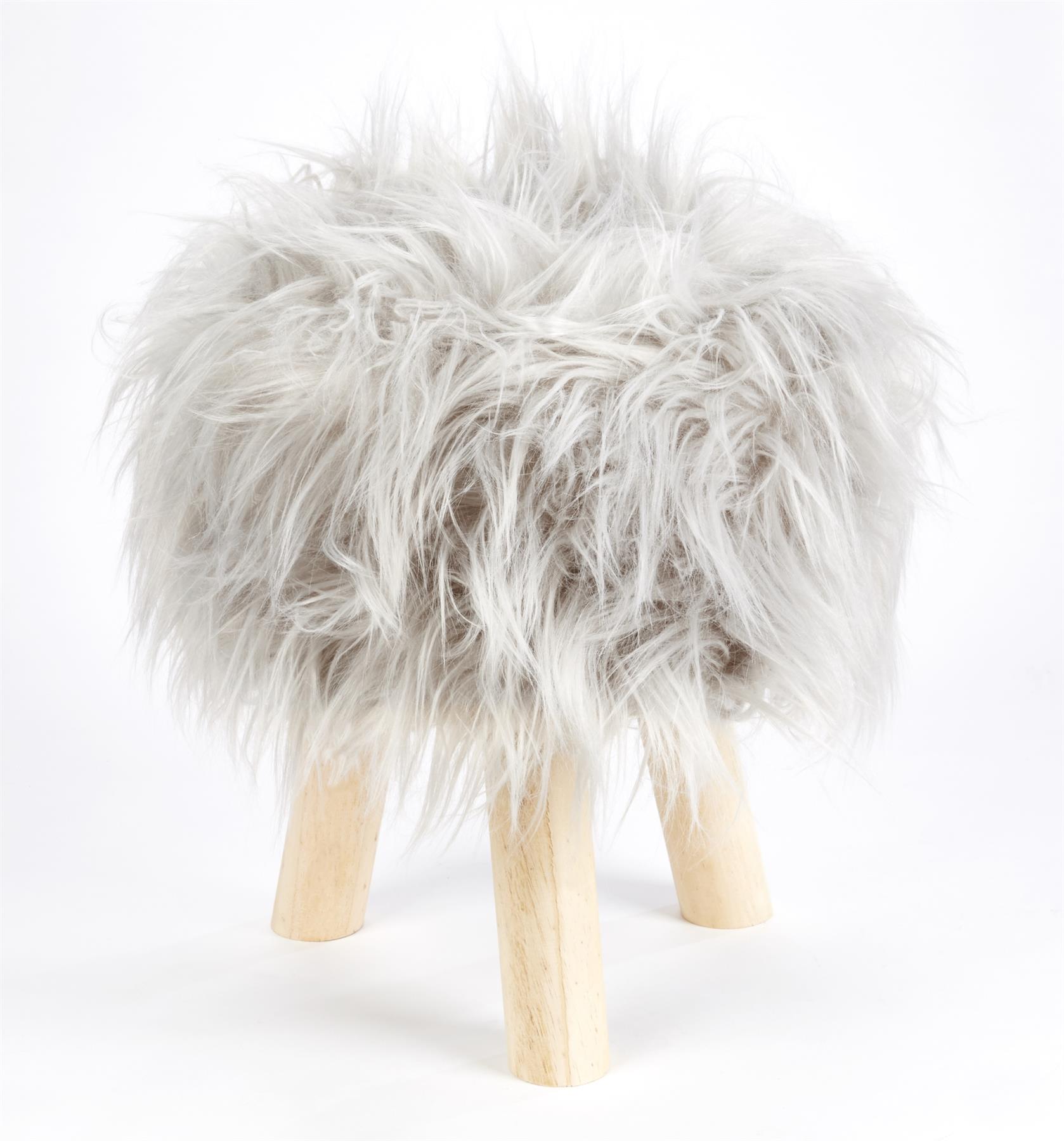 Mongolian Faux Fur Foot Stool Wooden Leg Pouffe Scandi Round Circular Footstools - Picture 14 of 17