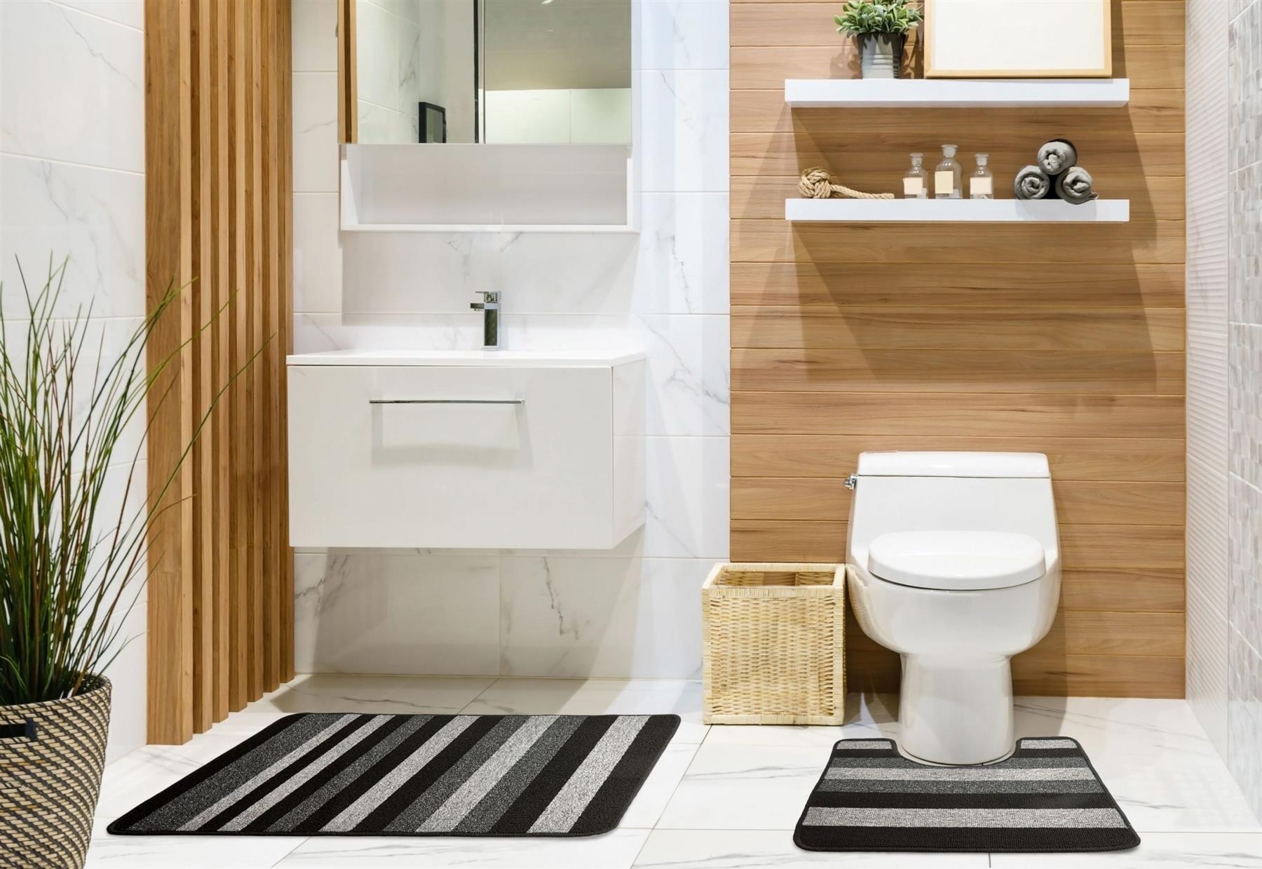 2 PC Bath Mat Pedestal Set Non Slip Striped Bathroom Toilet Mats Rugs Jersey
