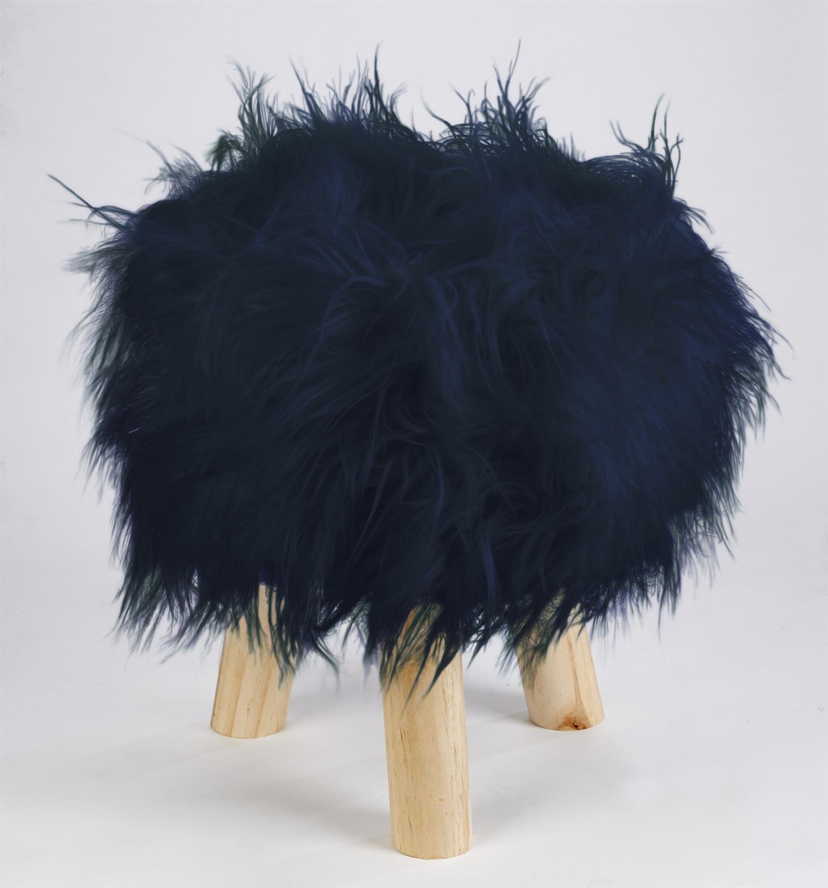 Mongolian Faux Fur Foot Stool Wooden Leg Pouffe Scandi Round Circular Footstools - Picture 10 of 17