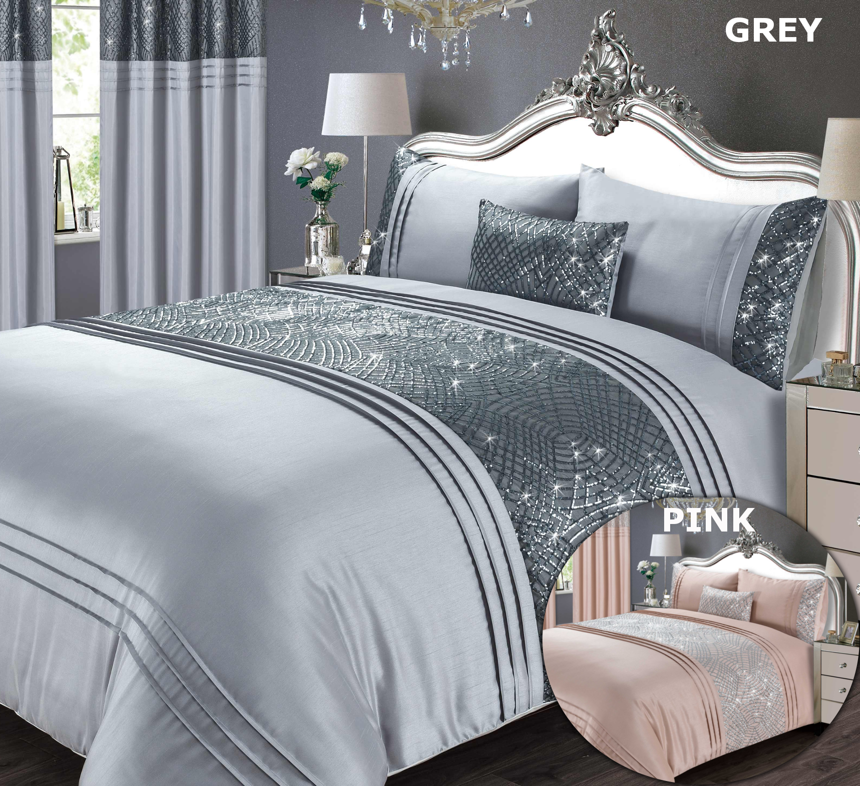 Grey Or Pink Duvet Cover Set Sequin Bedding Set Bedlinen Pleated