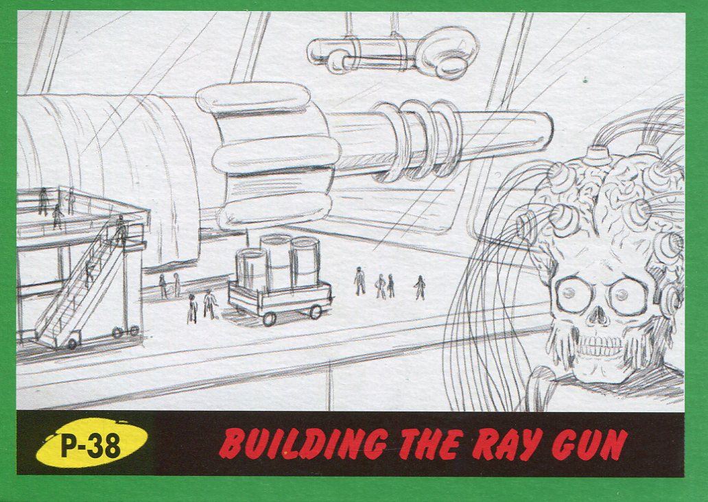 99 Mars Attacks The Revenge Red Pencil Art Base Card P-38 Building the Ray Gun