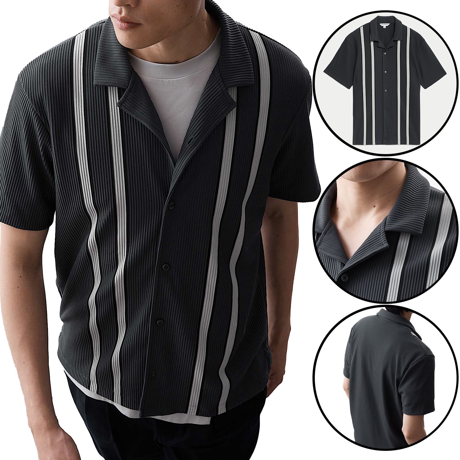 Mens M&S Polo Shirt Textured Stripe Top Waffle Collared Short Sleeve Top - Picture 3 of 6