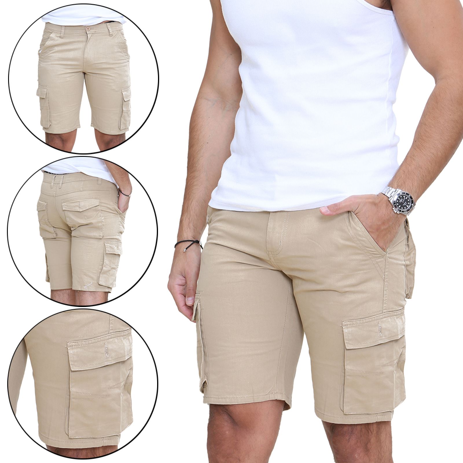Mens Cargo Combat Shorts Cotton Chino Twill Knee Length Half Pants Multi Pockets - Picture 7 of 14