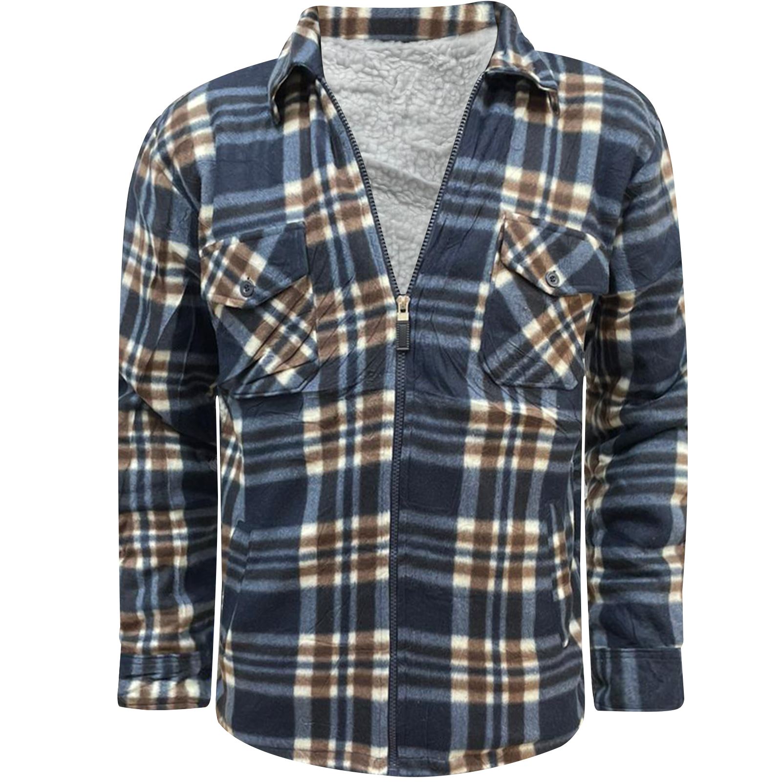 Mens Fleece Sherpa Flannel Padded Work Shirt Sherpa Fur Lined Lumberjack Jacket - Picture 18 of 24