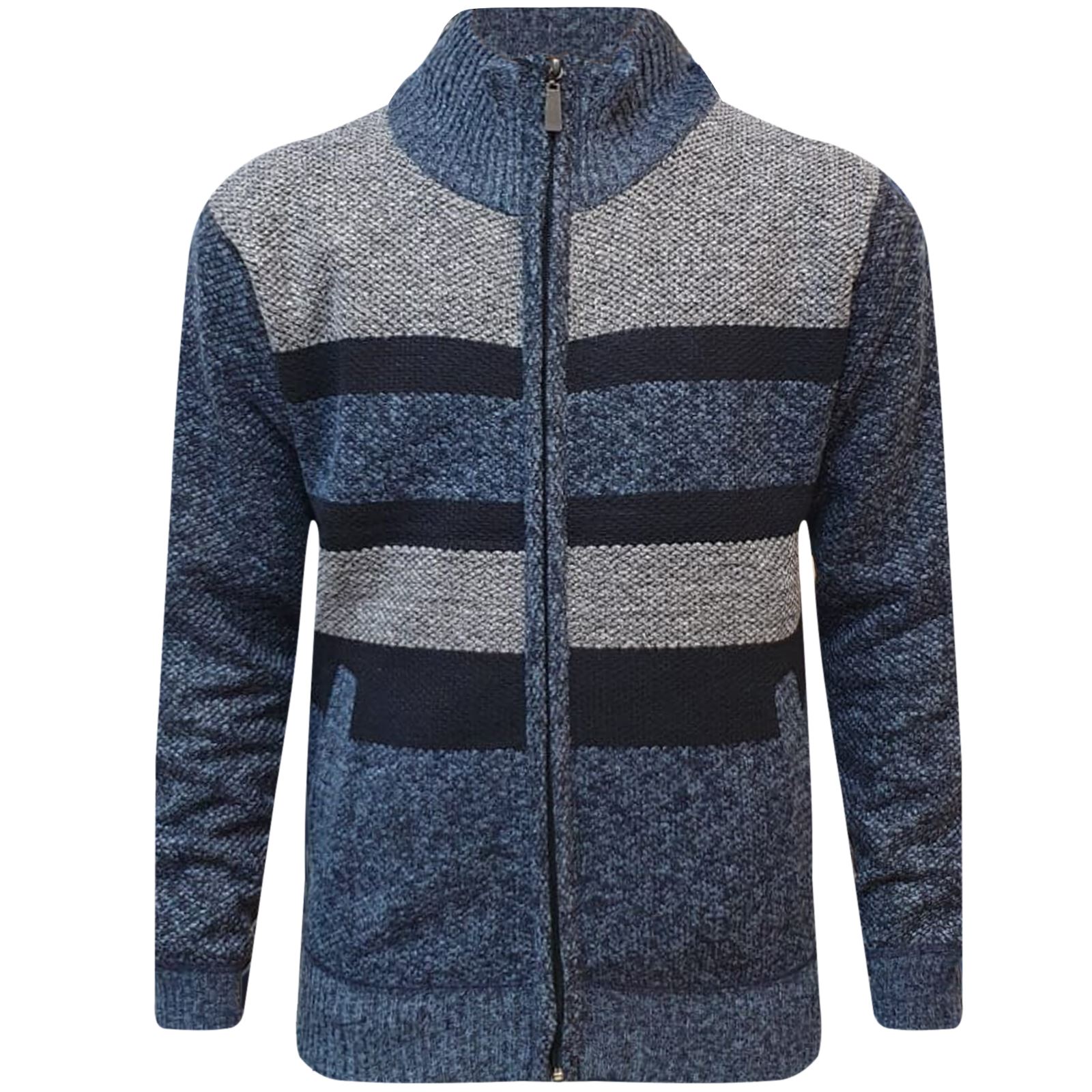 Mens Winter Funnel Collar Zip Up Thick Fleece Lined Knitted Cardigan Jumper Top - Picture 9 of 12
