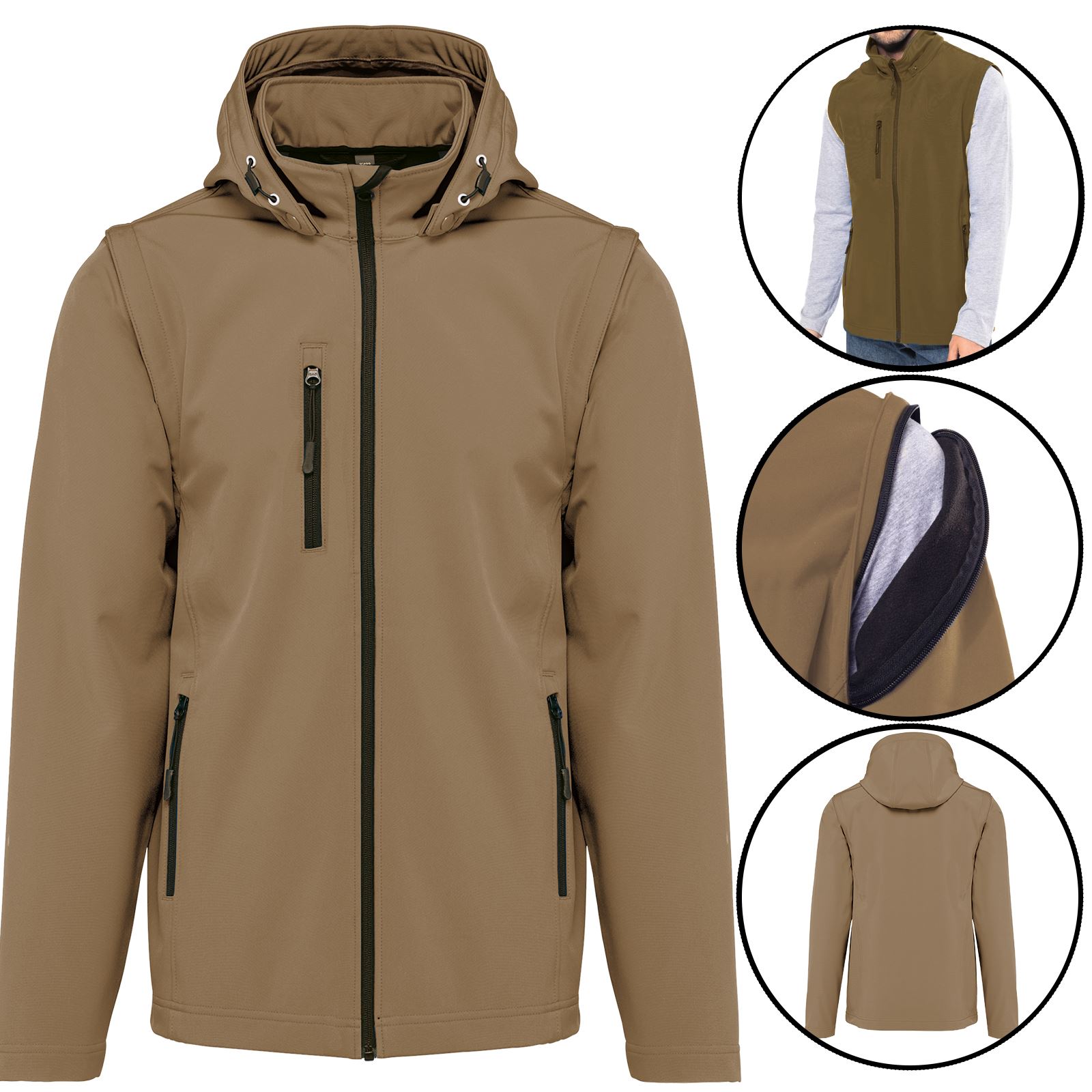 Mens Soft Shell Fleece Lined Waterproof Removable Zip Off Sleeves & Hood Jacket - Picture 2 of 8