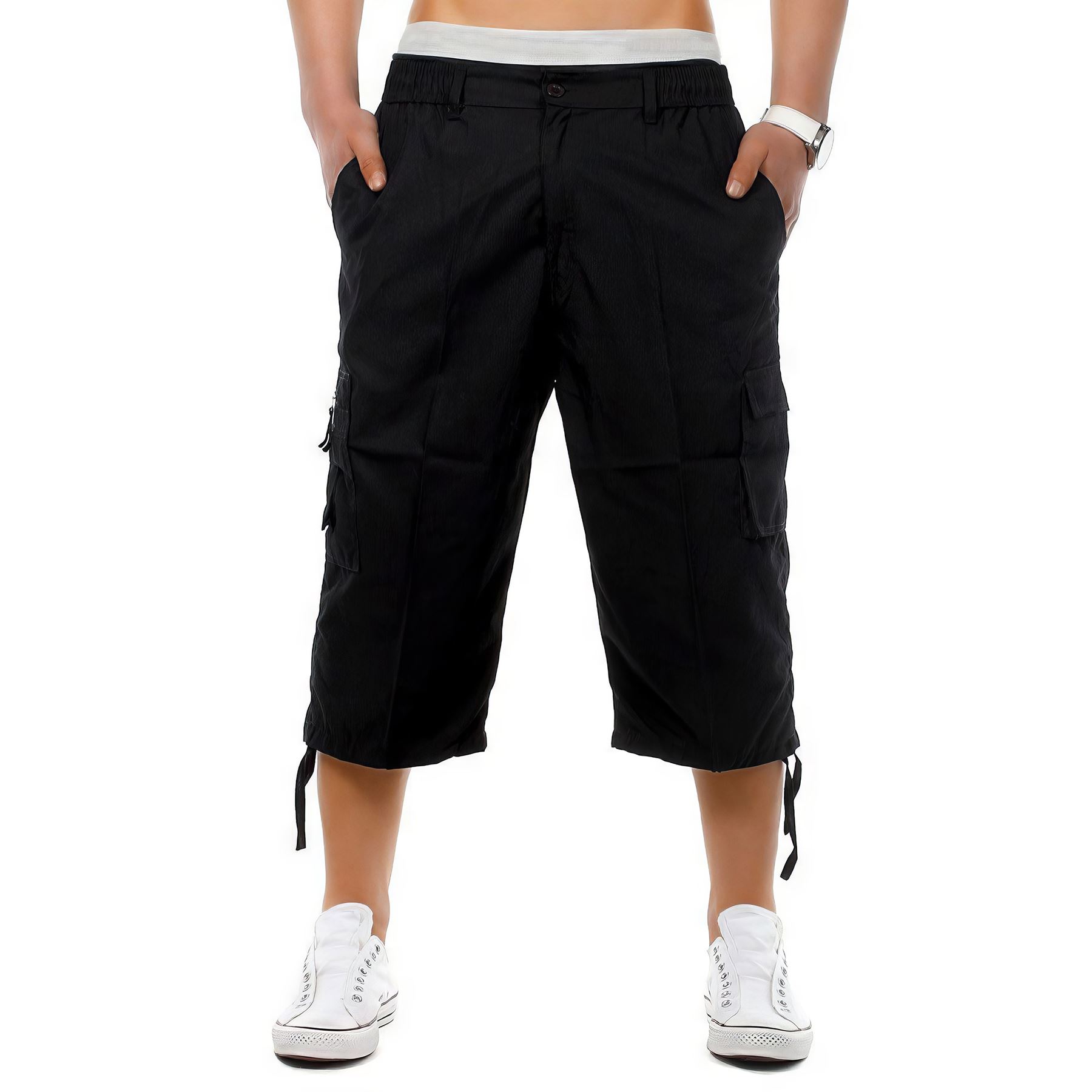 Mens Multi Pocket Elasticated Cargo Shorts Combat Knee Length 3/4 Summer Pants - Picture 7 of 10