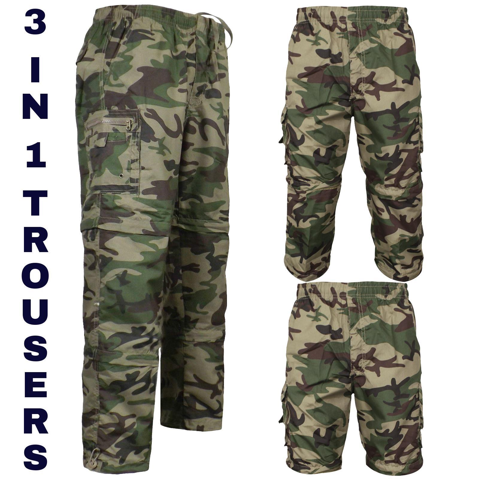 Mens 3 In 1 Camouflage Trousers Zip Off Shorts Combat Lightweight Gym Pants Camo - Picture 2 of 3