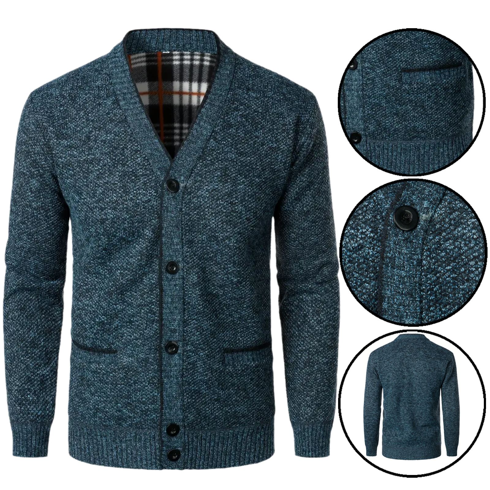 Mens Knitted Thermal Button Up Cardigan Fleece Lined Warm Winter Sweater Jumper - Picture 4 of 6