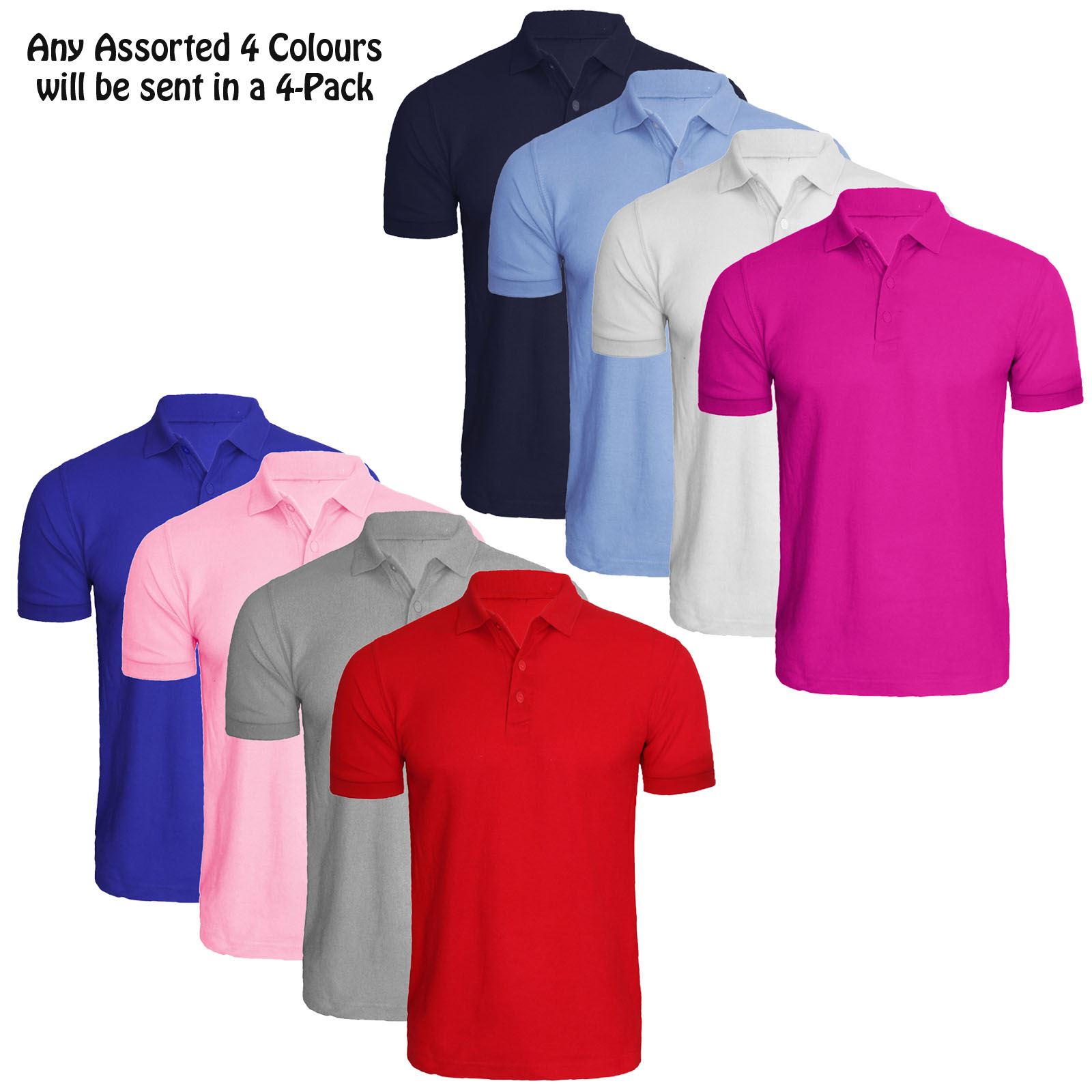 4 Pack Plain Polo Shirt T Shirt Golf Tennis Pique Top Many Colours Gift