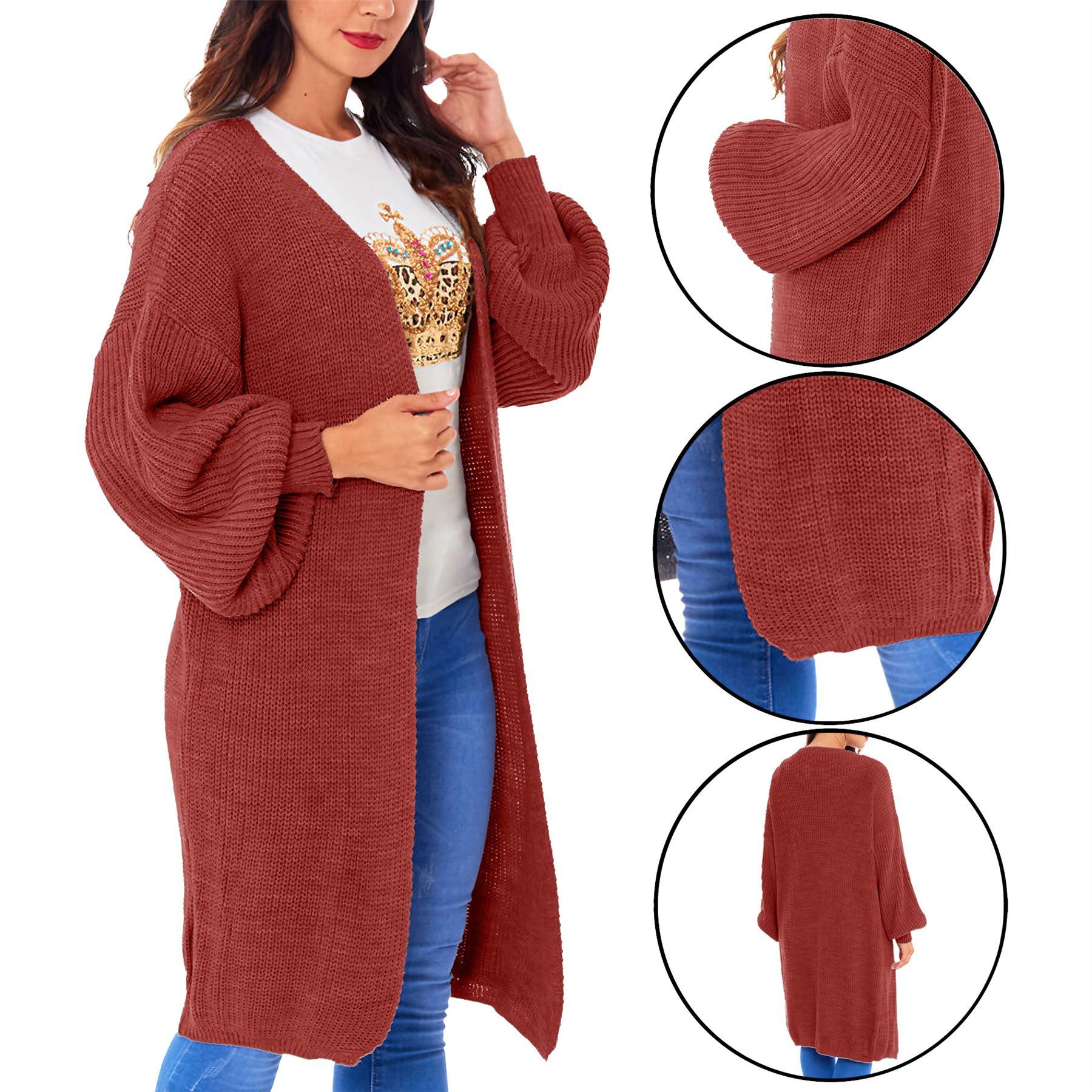 Women Chunky Knitted Oversized Cardigan Ladies Balloon Sleeve Long Maxi Cardigan - Picture 22 of 23