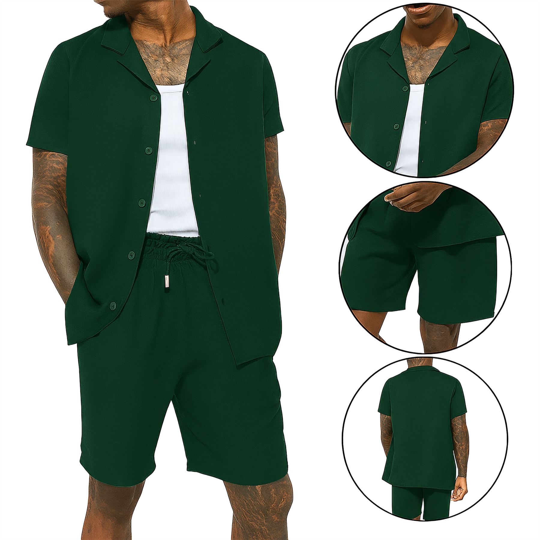 Mens Summer Cotton Crinkle Shirt & Shorts Outfit 2 Piece Short Sleeve Shirt Set - Bild 2 von 10