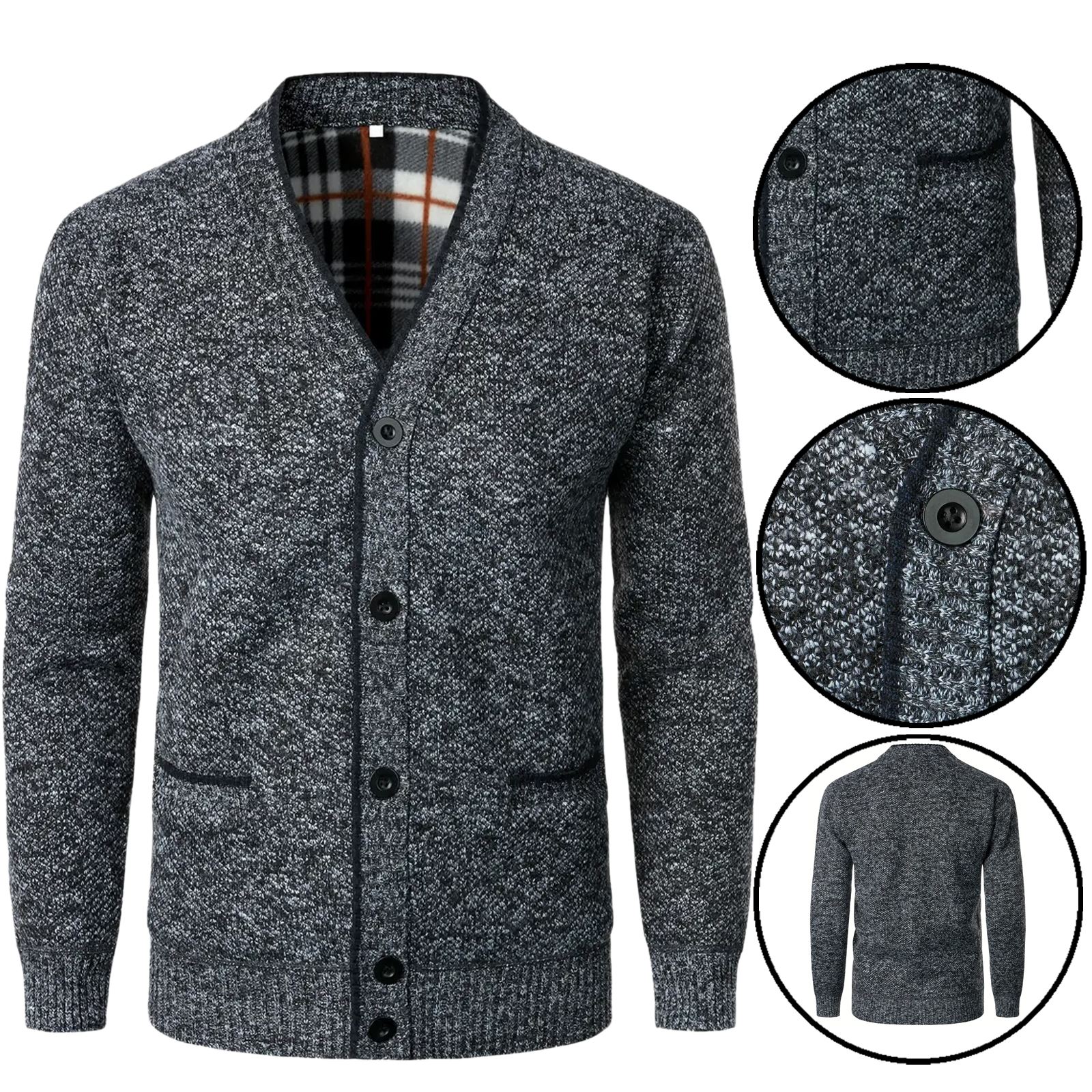 Mens Knitted Thermal Button Up Cardigan Fleece Lined Warm Winter Sweater Jumper - Picture 3 of 6