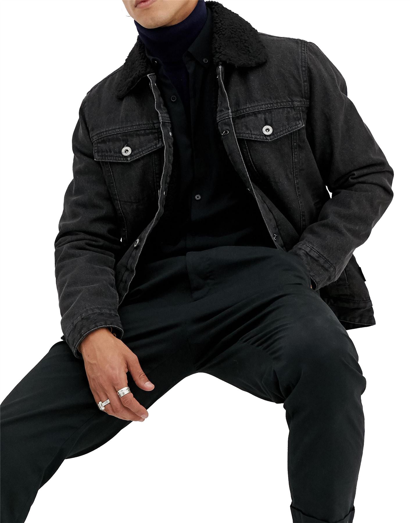 New Mens D-Struct Fleece Fur Lined Denim Jacket Coat Long Sleeve Sherpa Collar