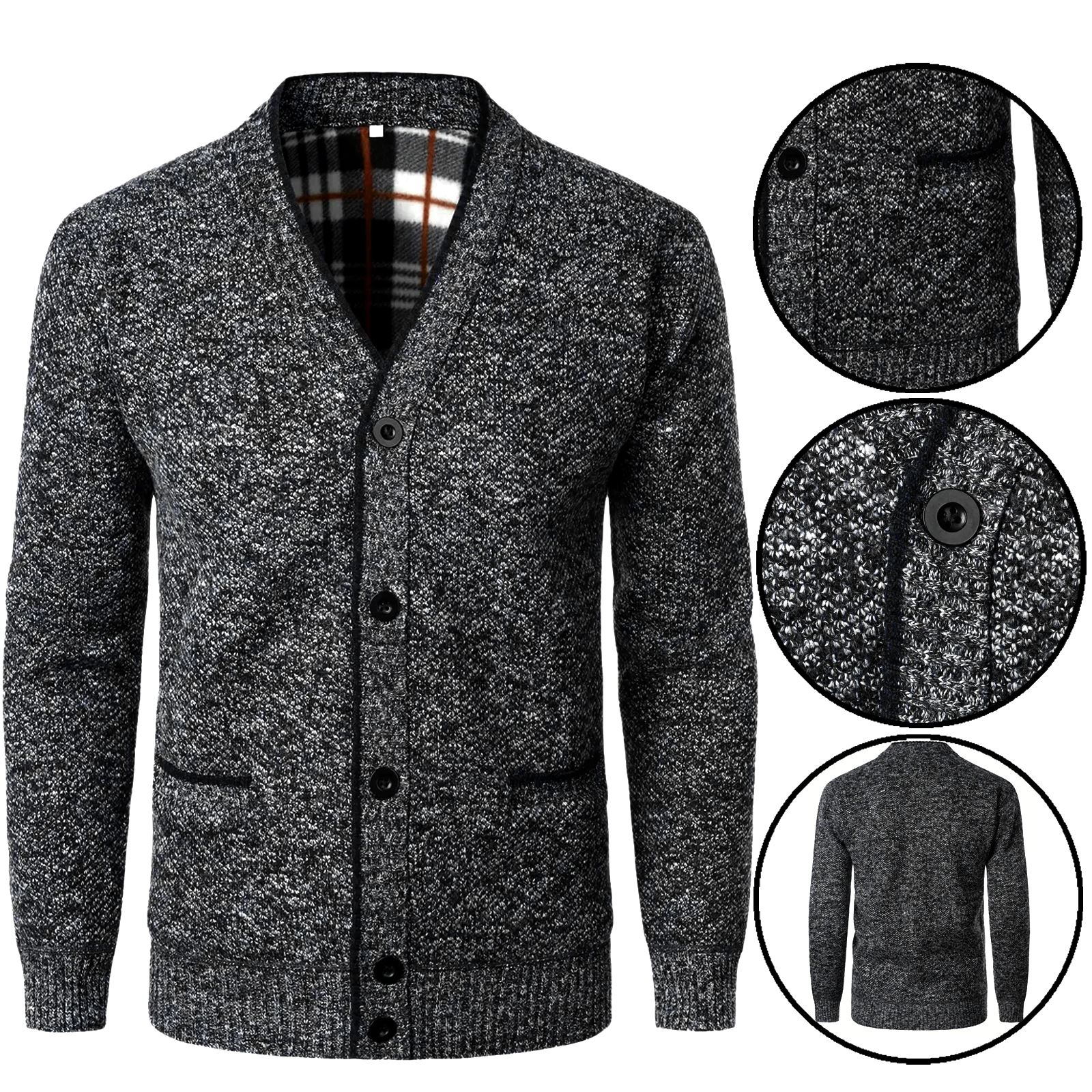 Mens Knitted Thermal Button Up Cardigan Fleece Lined Warm Winter Sweater Jumper - Picture 2 of 6