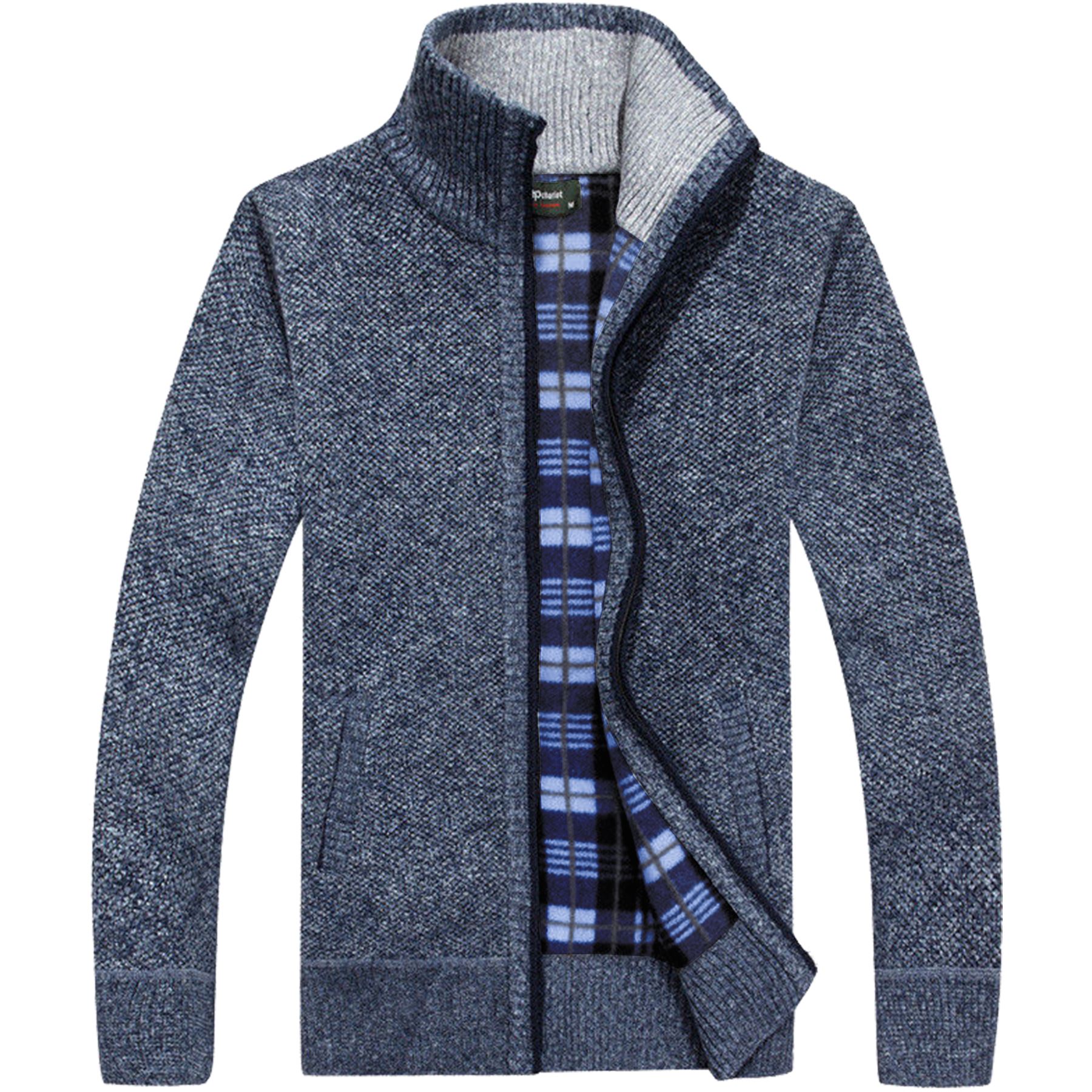 Mens Winter Funnel Collar Zip Up Thick Fleece Lined Knitted Cardigan Jumper Top - Picture 3 of 12