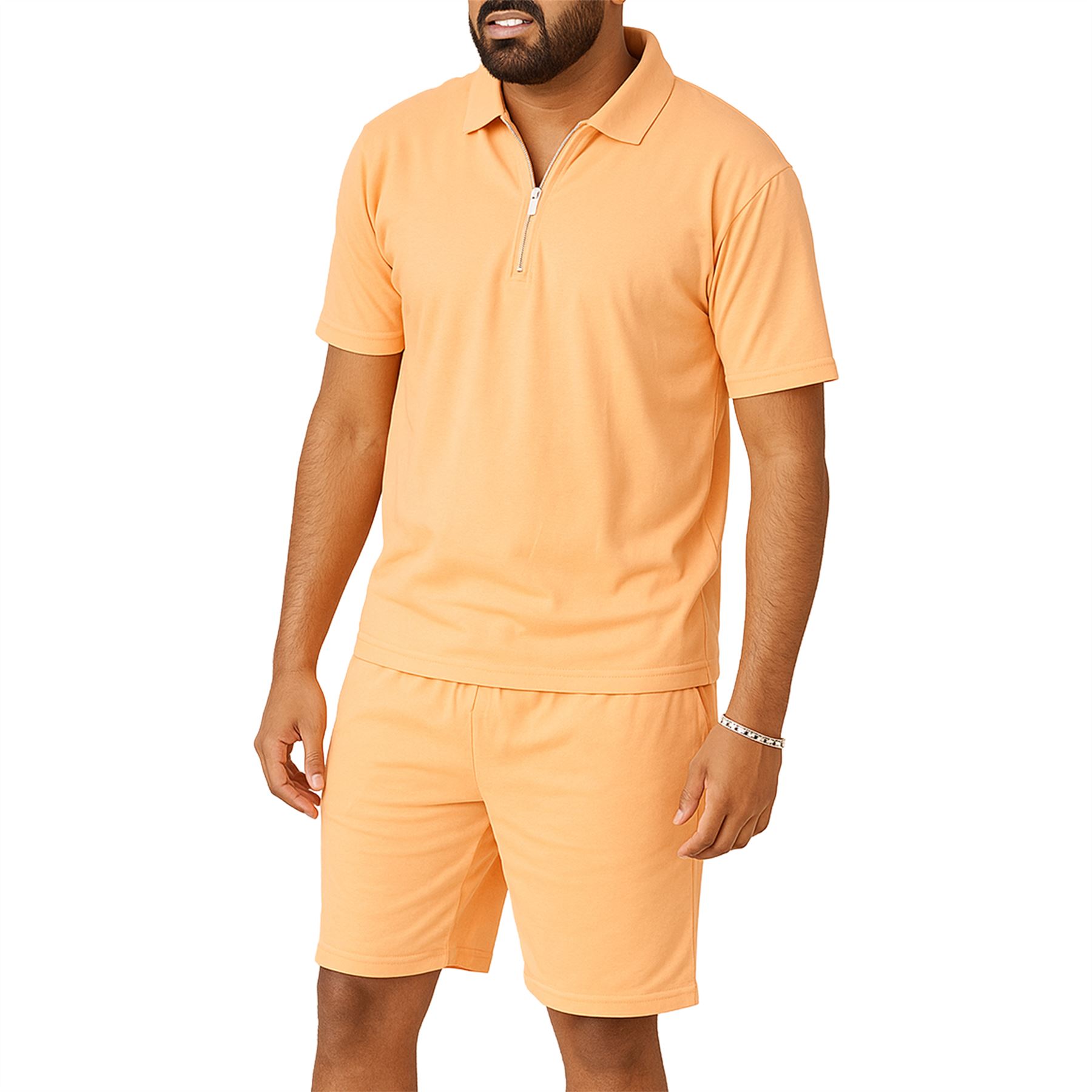 Mens Half Zip Short Set T Shirt Polo Summer 2 Piece Holiday Co ord Shorts Set