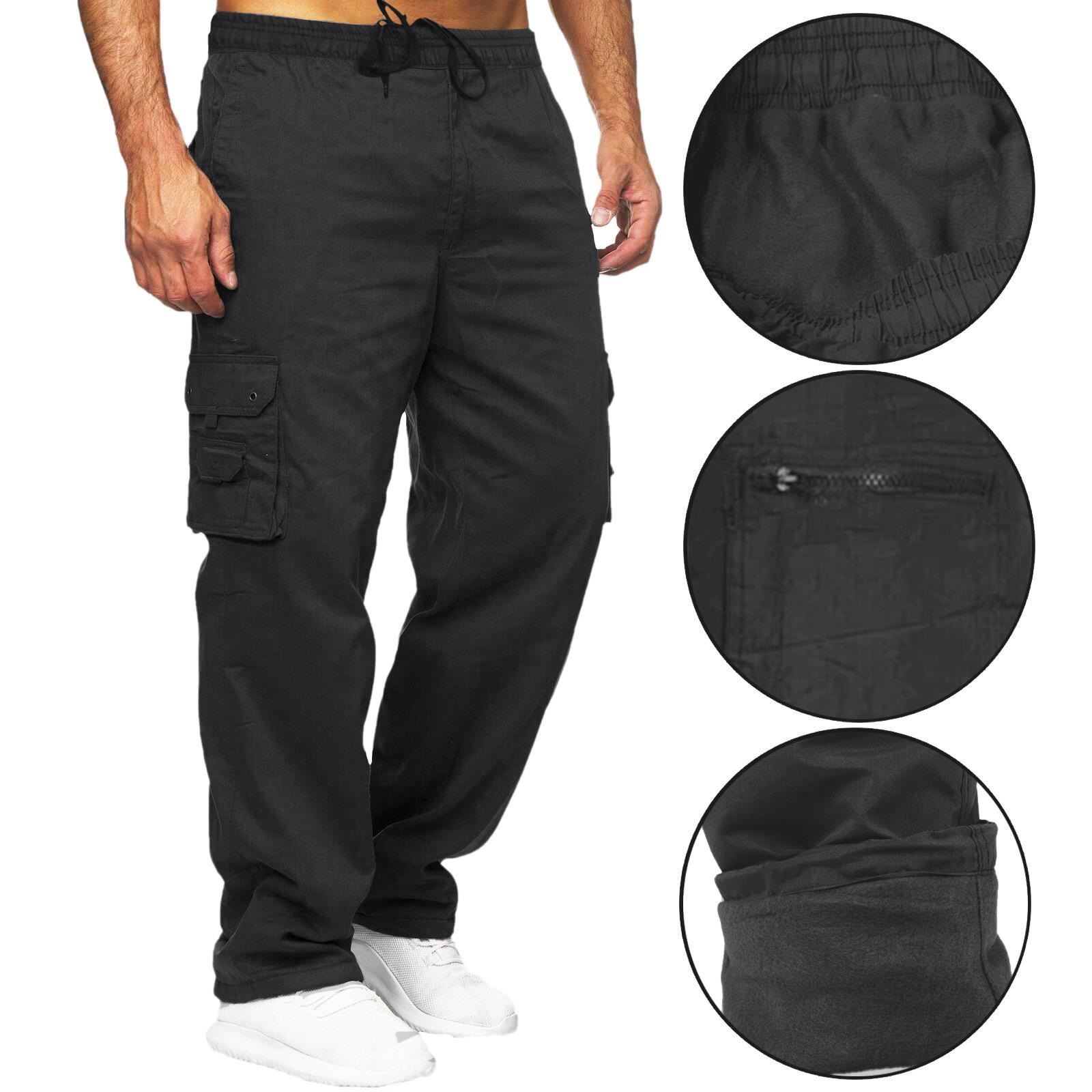 Mens Thermal Fleece Lined Cargo Bottoms Elasticated Trousers Combat Work Pants