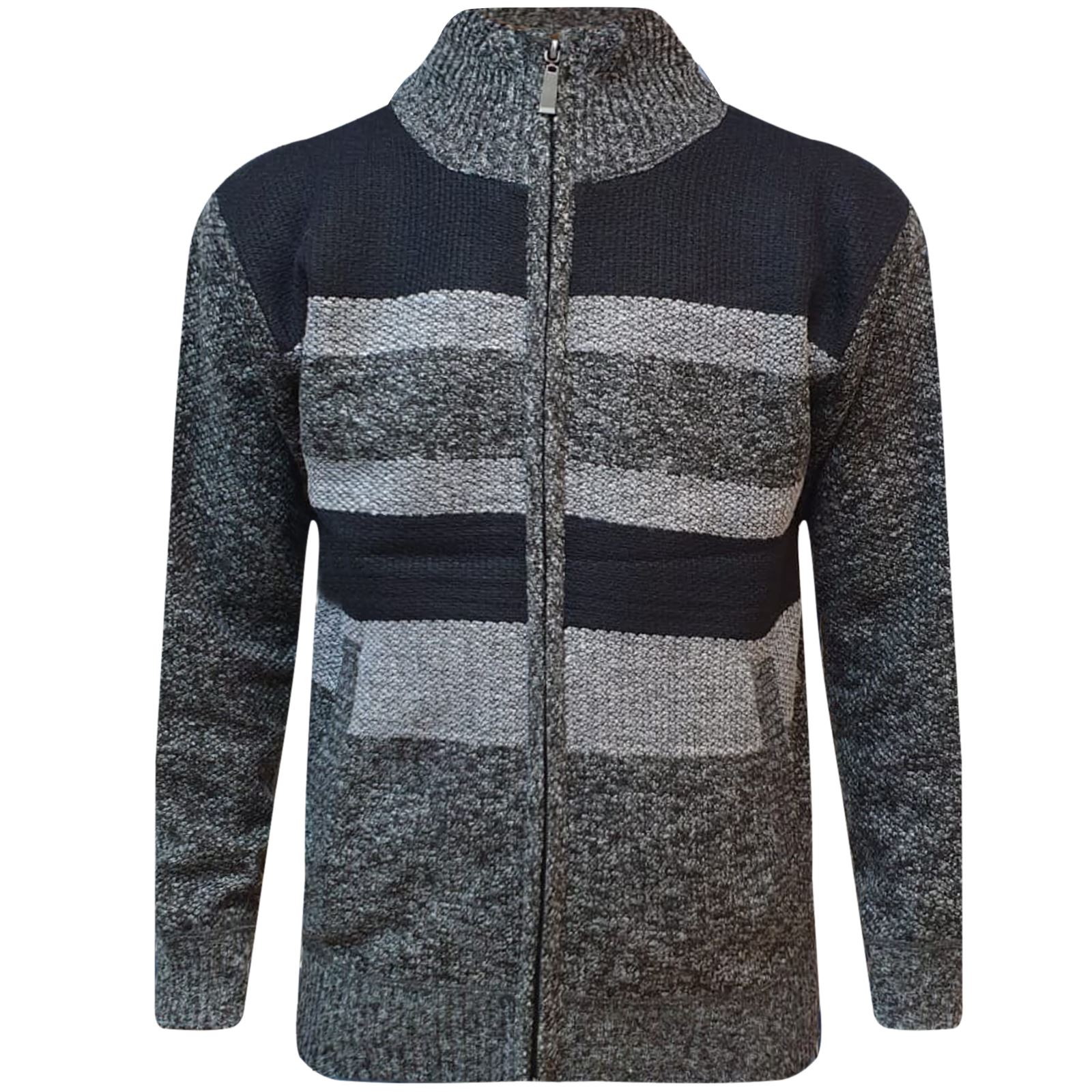 Mens Winter Funnel Collar Zip Up Thick Fleece Lined Knitted Cardigan Jumper Top - Picture 10 of 12