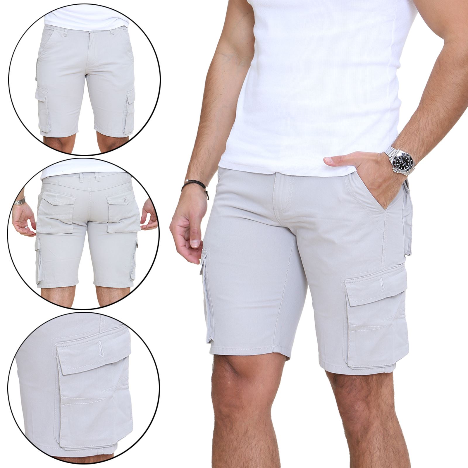Mens Cargo Combat Shorts Cotton Chino Twill Knee Length Half Pants Multi Pockets - Picture 8 of 14