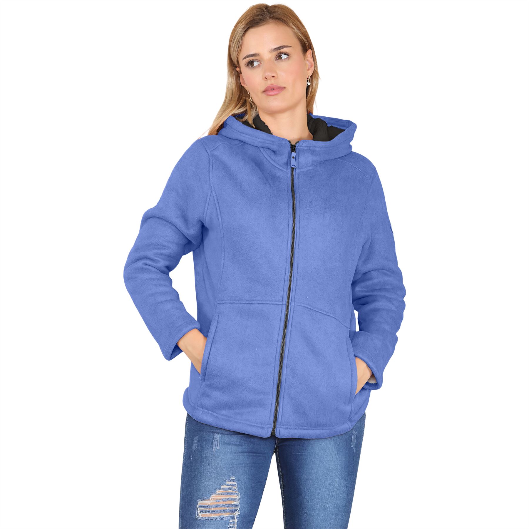 Ladies Fleece Fur Lined Hooded Jacket Womens Chunky Textured Hoodie Full  Zip Top