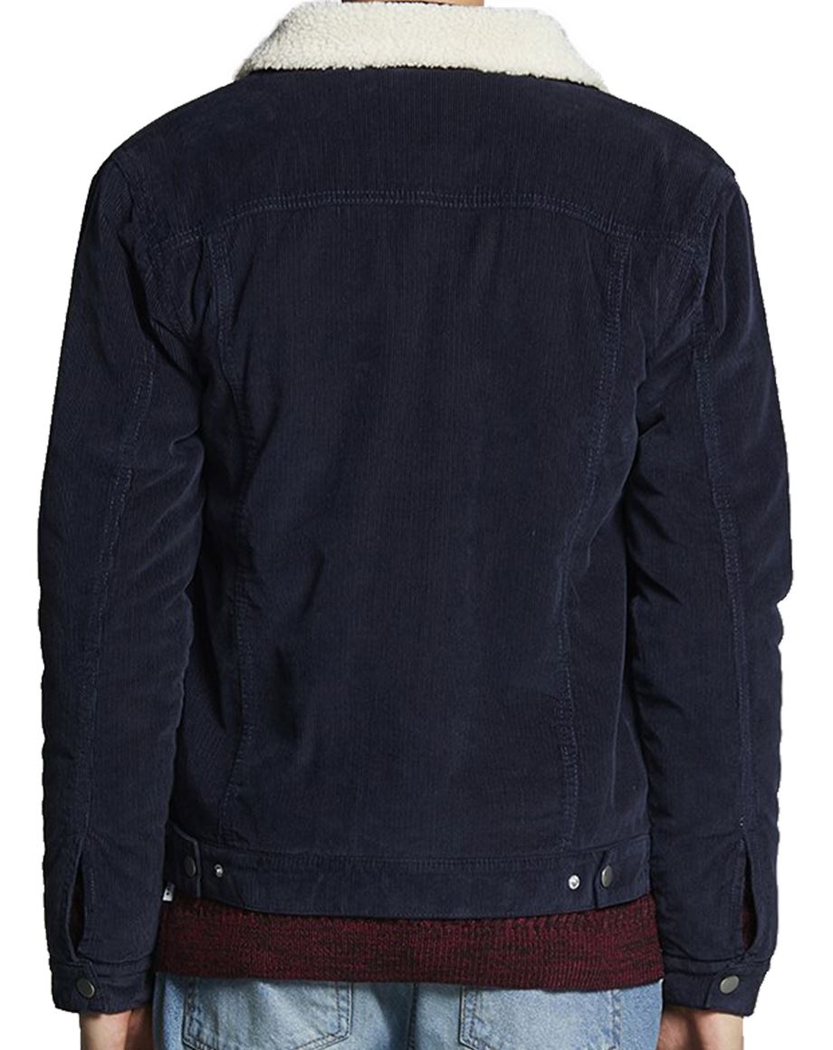 Men's Denim Cord Jean Jacket Fur Collar Fleece Lined Casual Denim