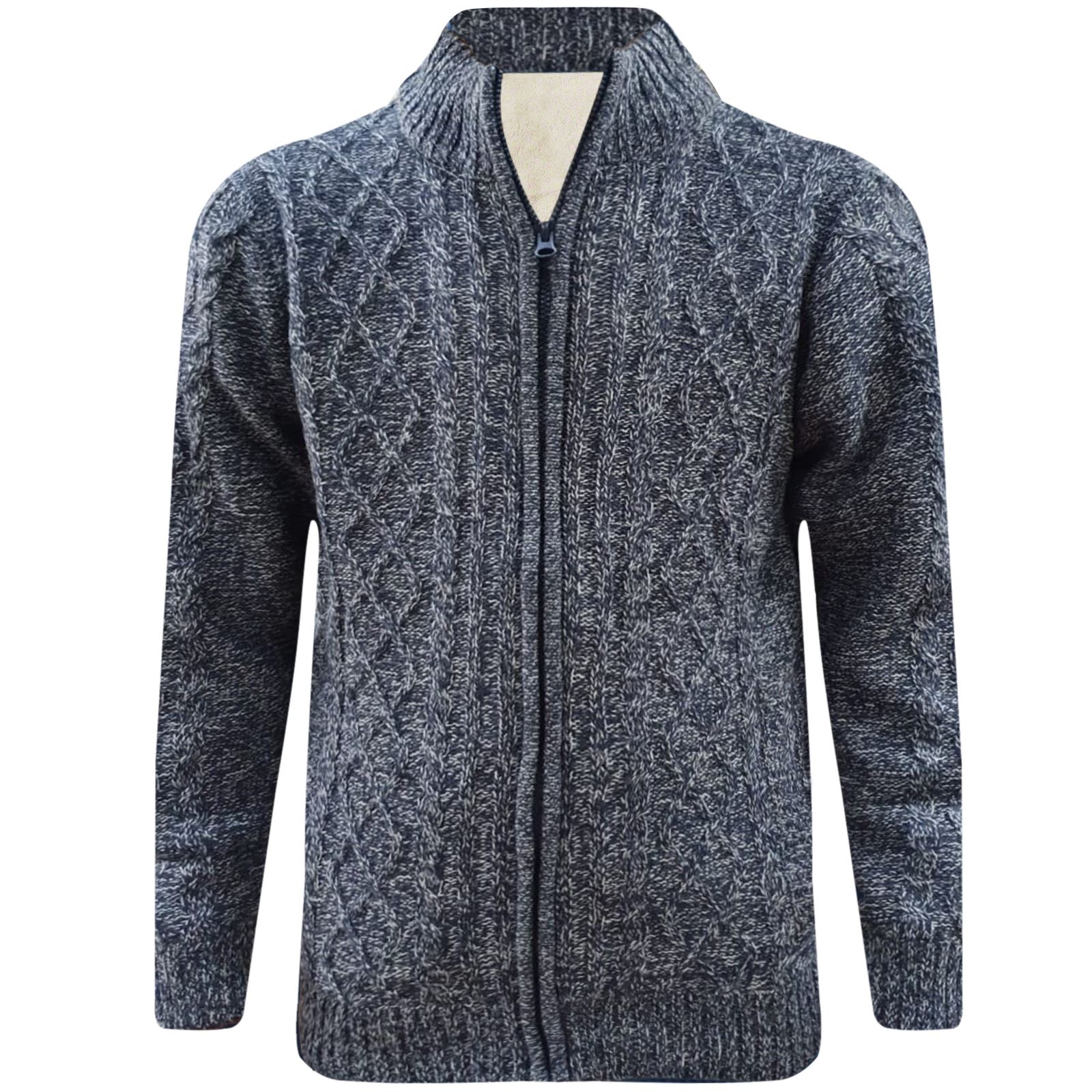 Mens Winter Funnel Collar Zip Up Thick Fleece Lined Knitted Cardigan Jumper Top - Picture 8 of 12