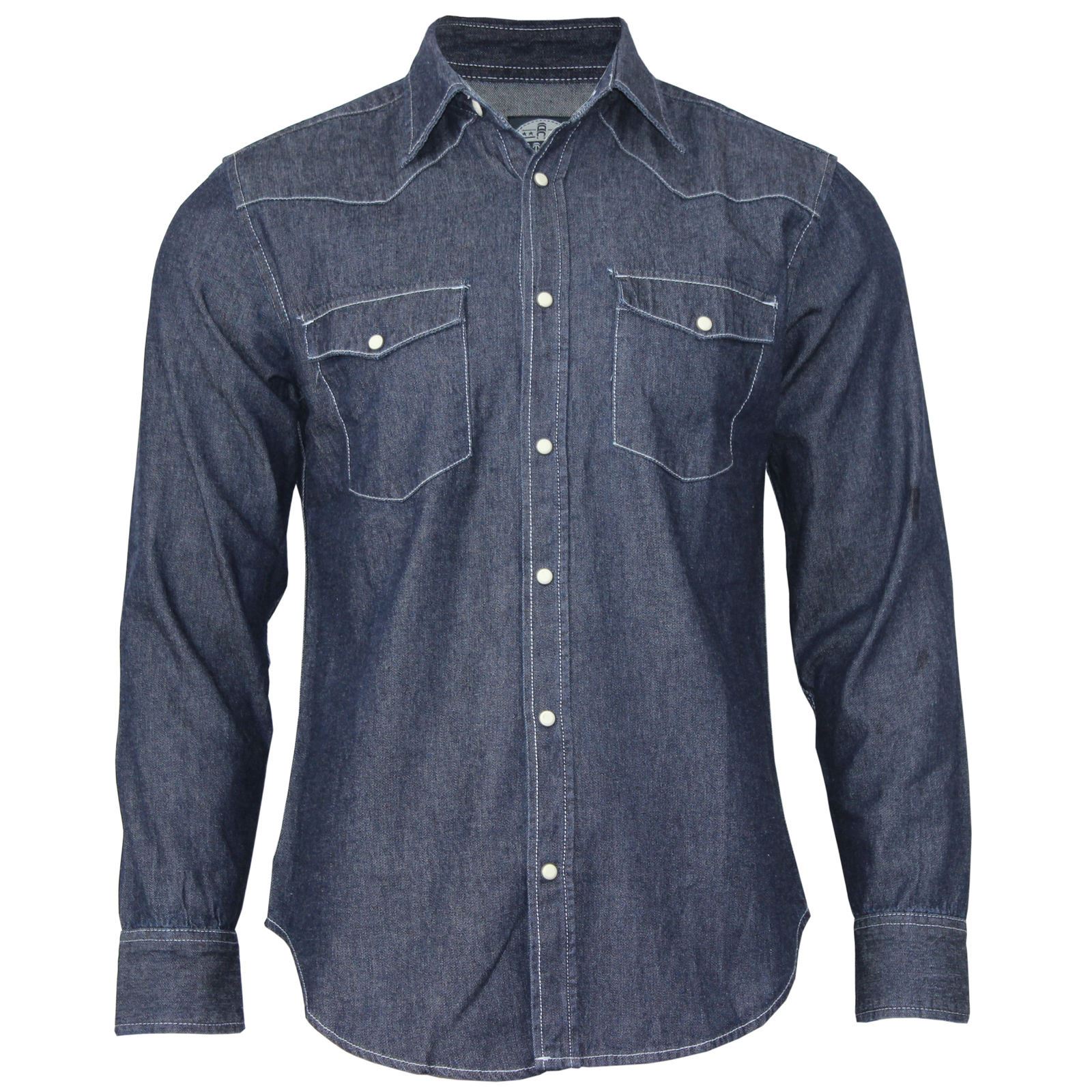 New Mens Denim Shirt Long Sleeve Double Chest Pocket Collar Cotton