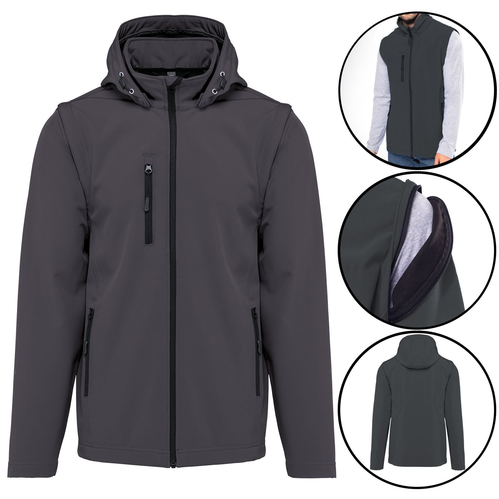 Mens Soft Shell Fleece Lined Waterproof Removable Zip Off Sleeves & Hood Jacket - Picture 4 of 8