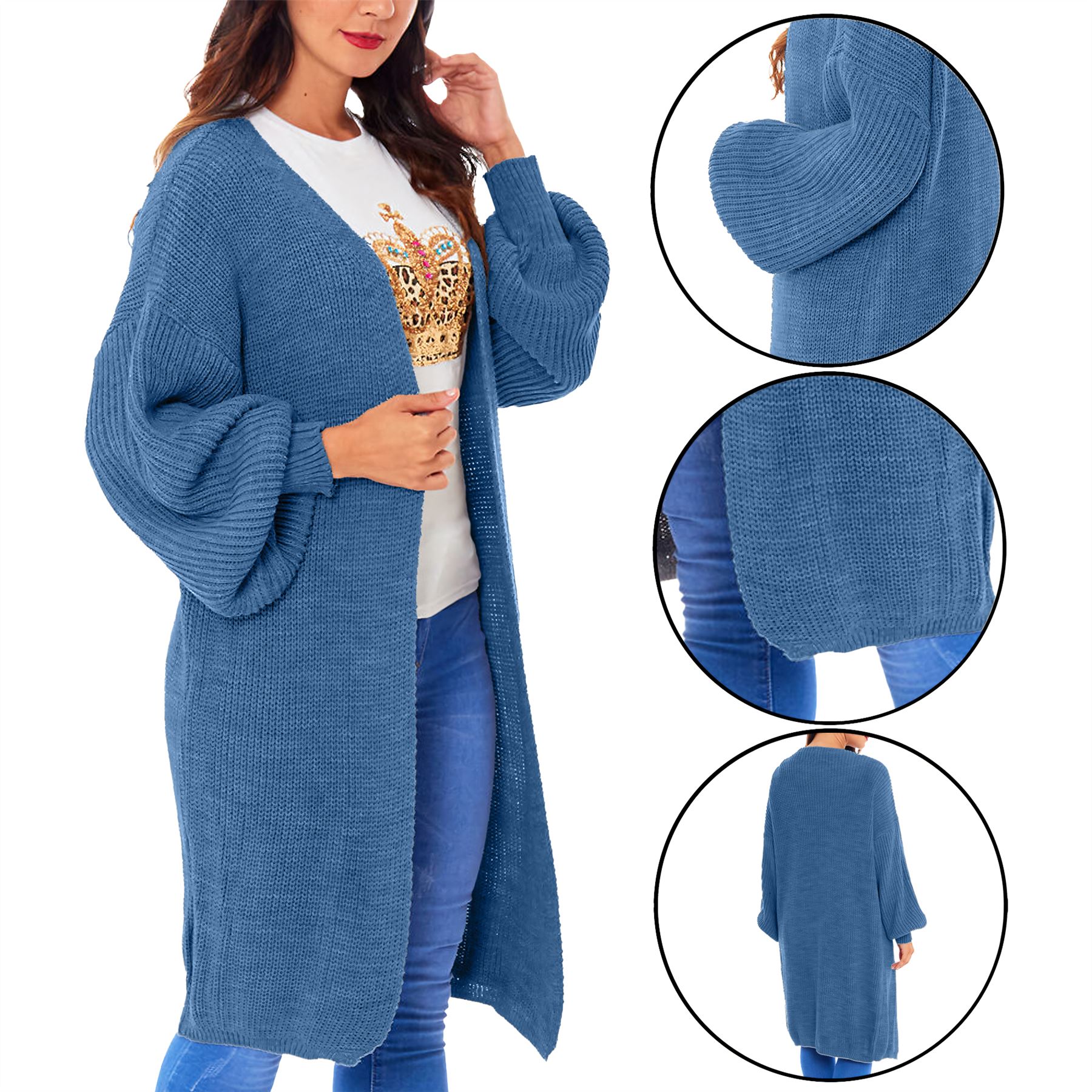 Women Chunky Knitted Oversized Cardigan Ladies Balloon Sleeve Long Maxi Cardigan - Picture 20 of 23