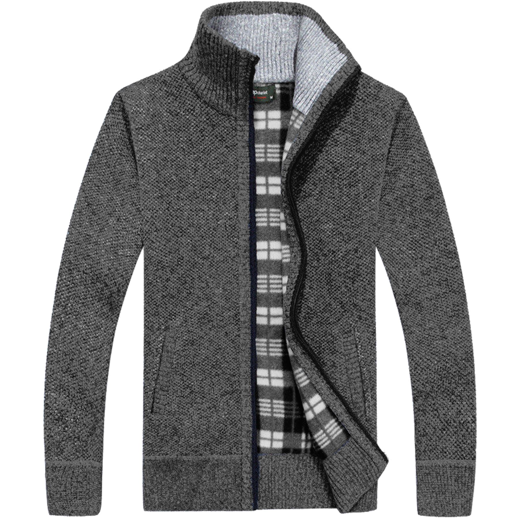 Mens Winter Funnel Collar Zip Up Thick Fleece Lined Knitted Cardigan Jumper Top - Picture 6 of 12