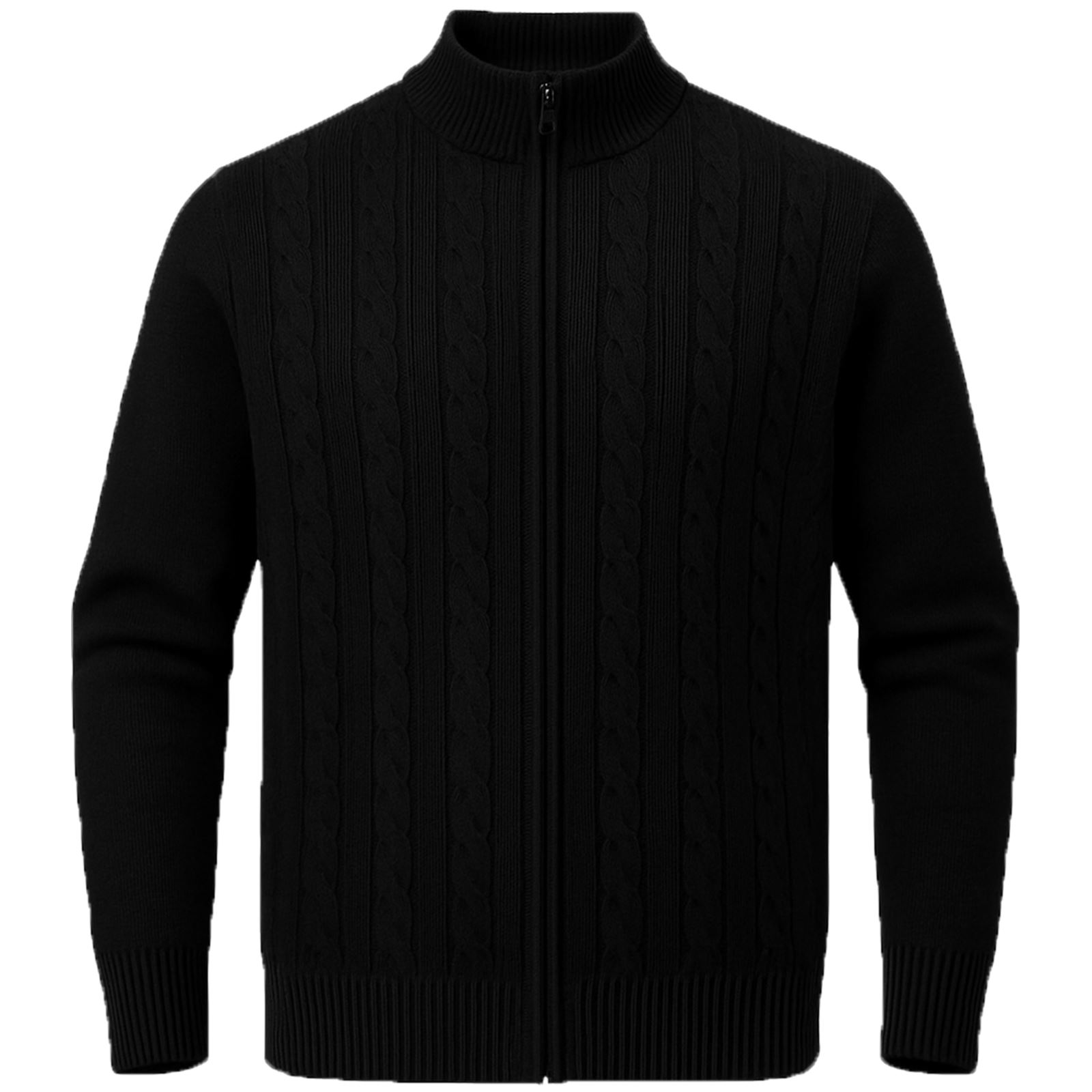 Mens Zip Up Cardigan Cable Knitted High Neck Jumper Smart Casual Warm Knitwear