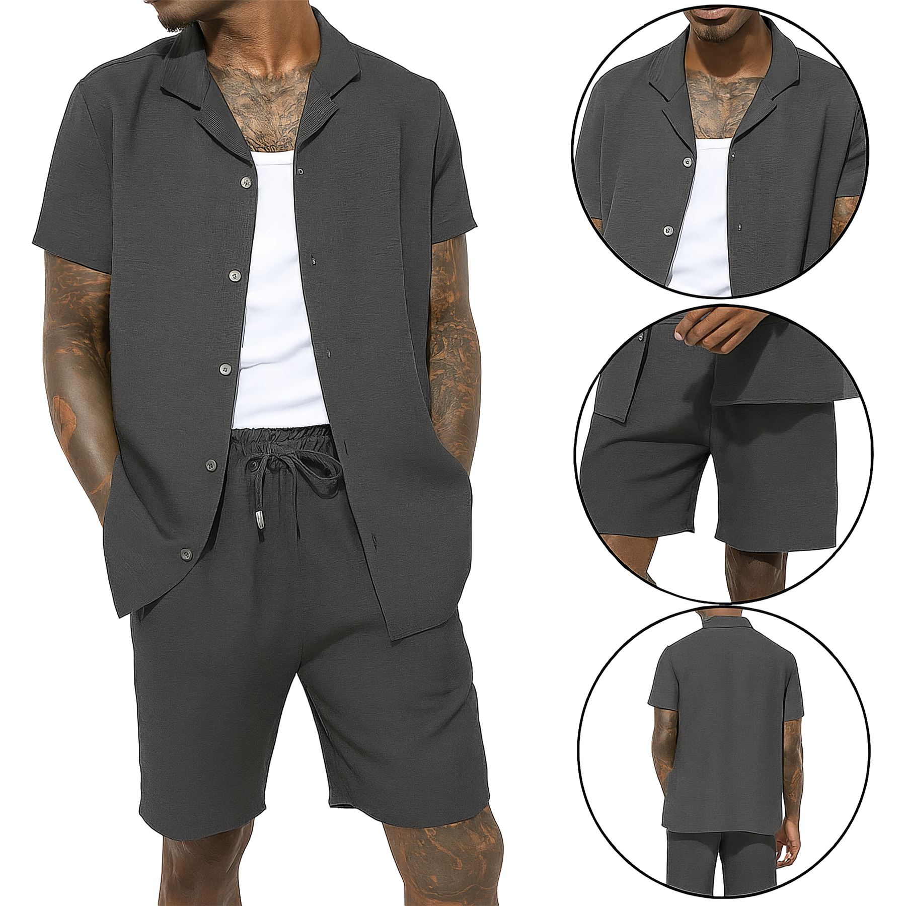 Mens Summer Cotton Crinkle Shirt & Shorts Outfit 2 Piece Short Sleeve Shirt Set - Bild 8 von 10