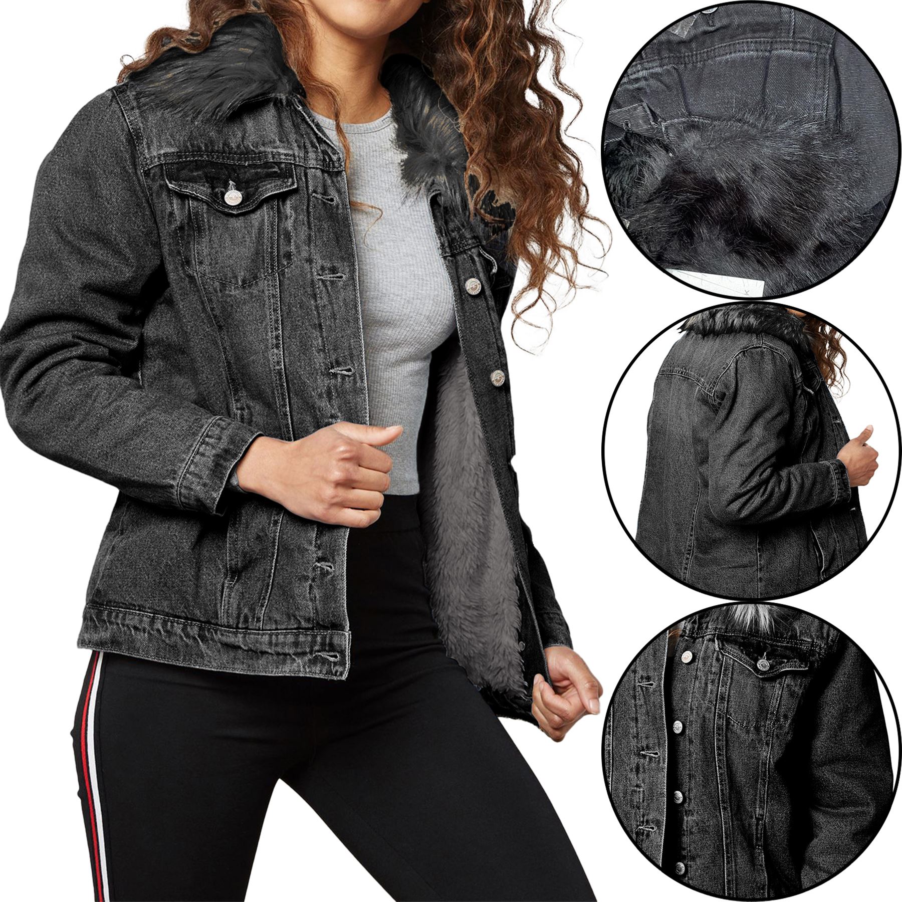 New Look Ladies Sherpa Fleece Fur Lined Denim Jacket Detachable Collar
