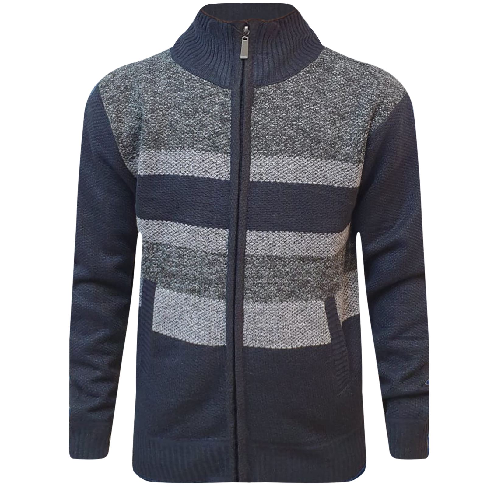 Mens Winter Funnel Collar Zip Up Thick Fleece Lined Knitted Cardigan Jumper Top - Picture 12 of 12