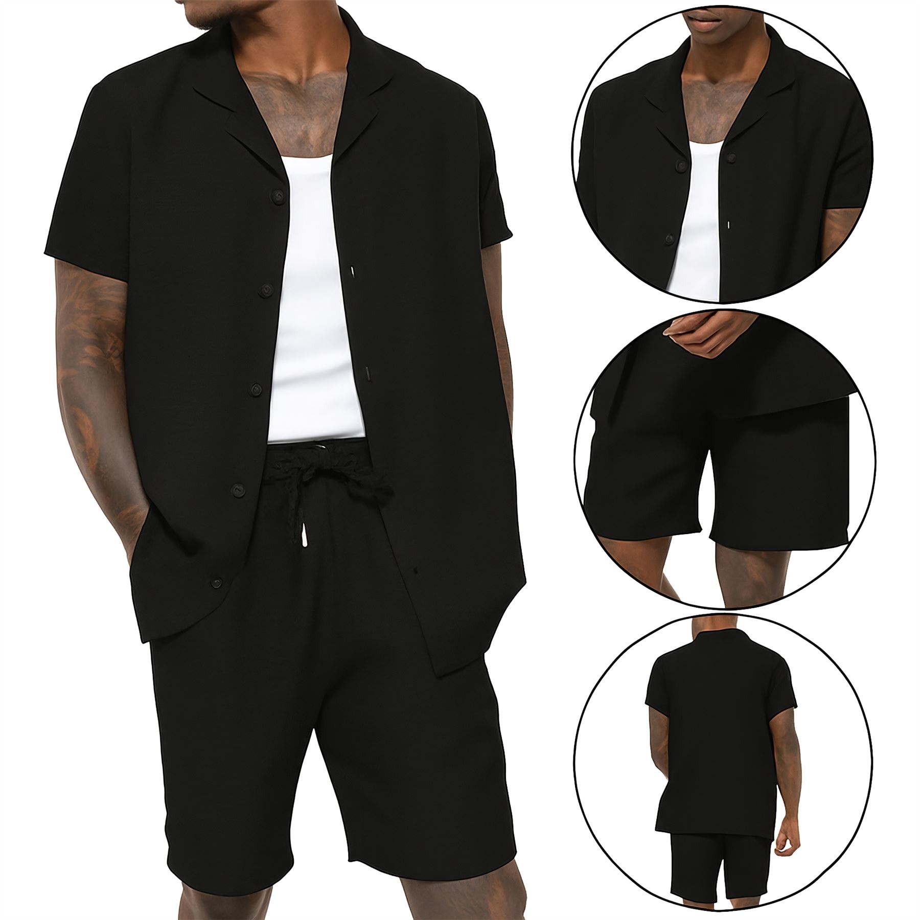 Mens Summer Cotton Crinkle Shirt & Shorts Outfit 2 Piece Short Sleeve Shirt Set - Bild 7 von 10
