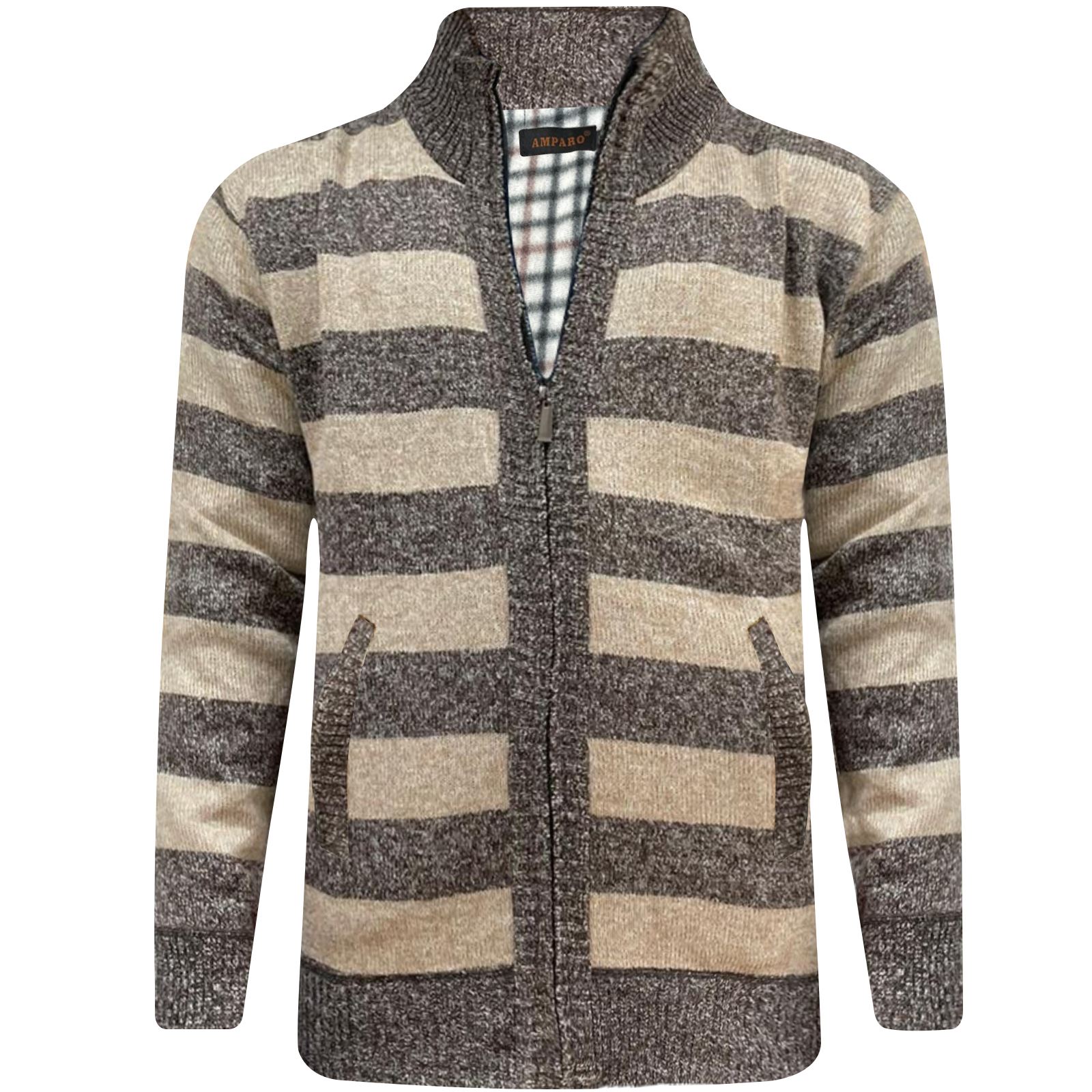 Mens Fleece Lined Insulated Knitted Zip Up Cardigan Striped Warm Winter