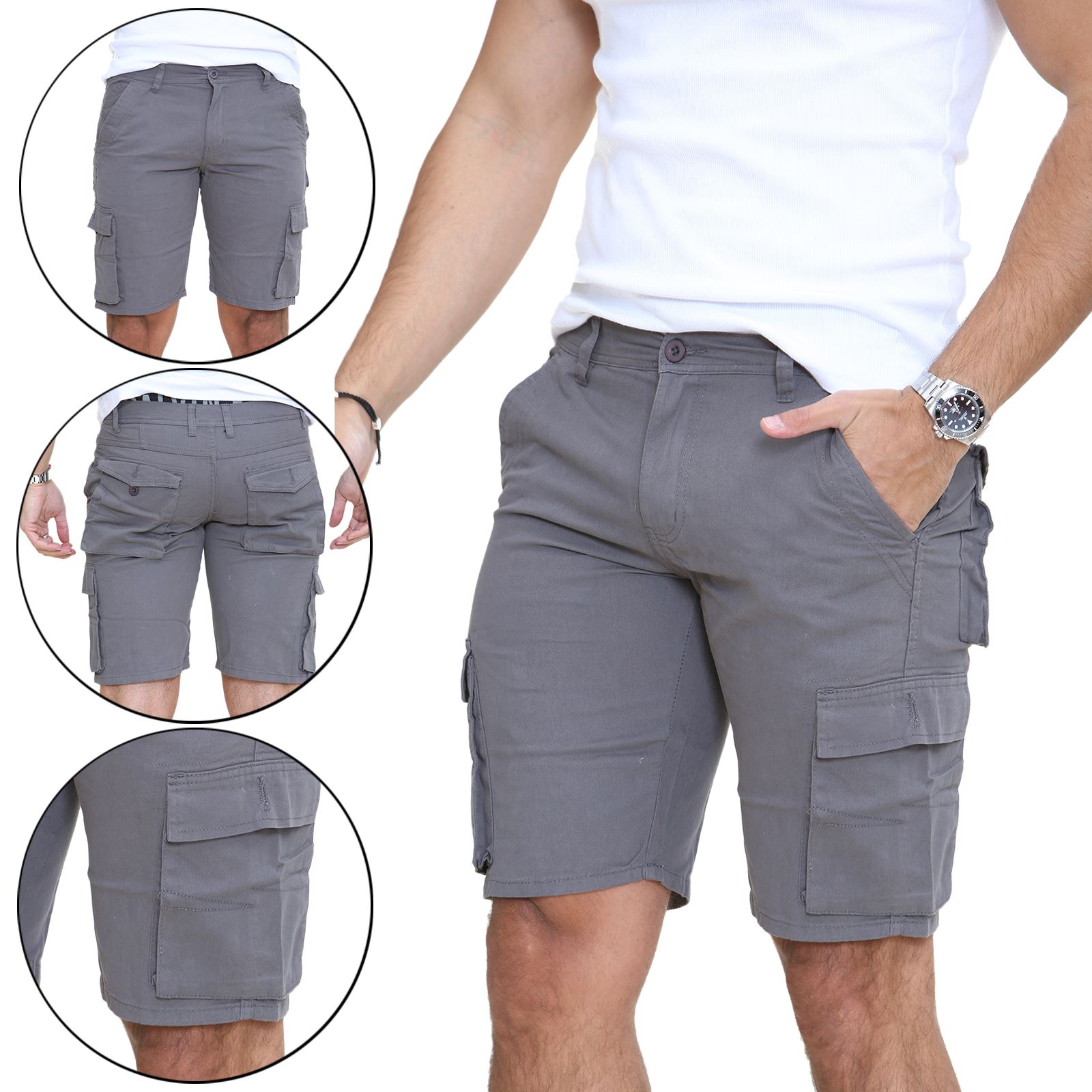 Mens Cargo Combat Shorts Cotton Chino Twill Knee Length Half Pants Multi Pockets - Picture 6 of 14