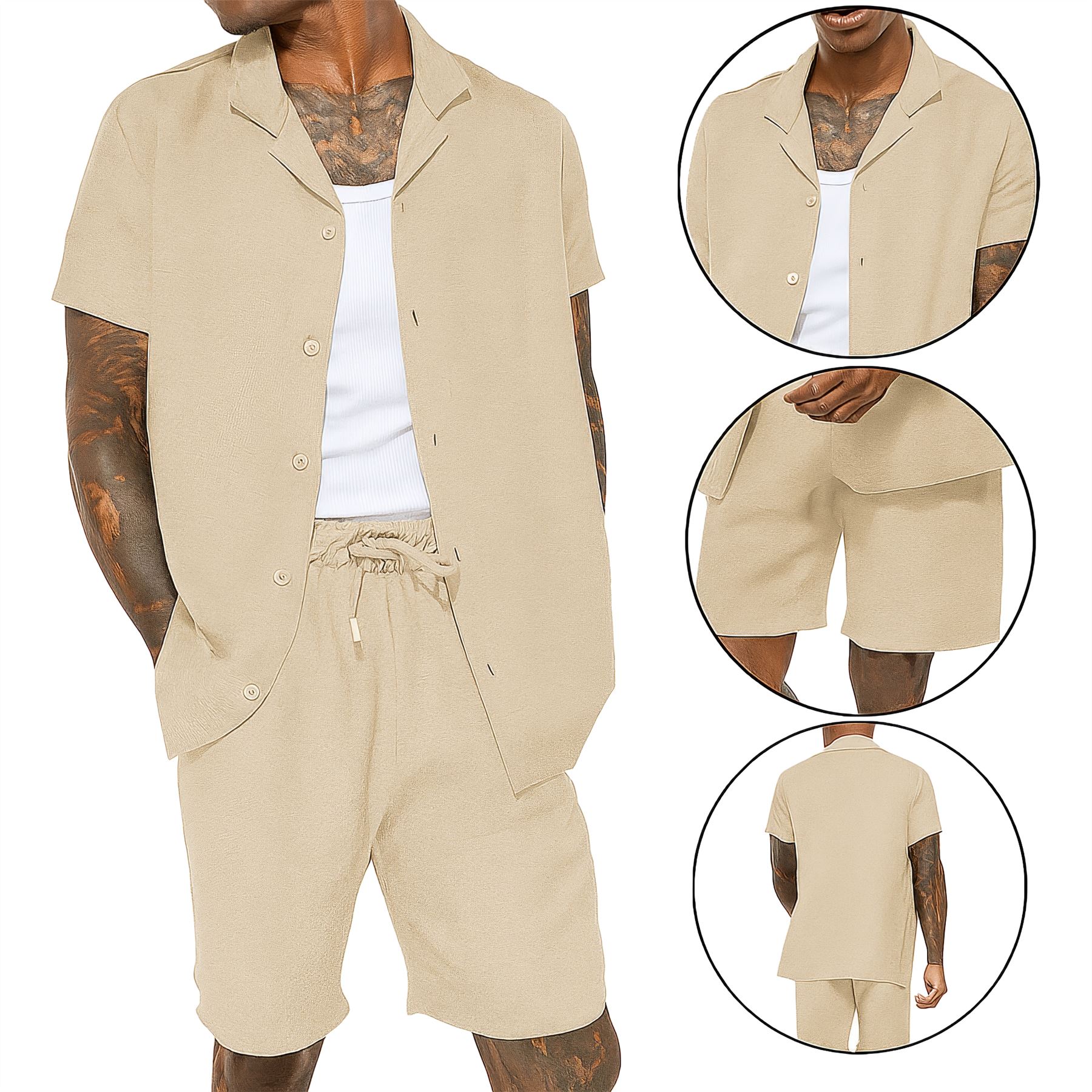 Mens Summer Cotton Crinkle Shirt & Shorts Outfit 2 Piece Short Sleeve Shirt Set - Bild 6 von 10