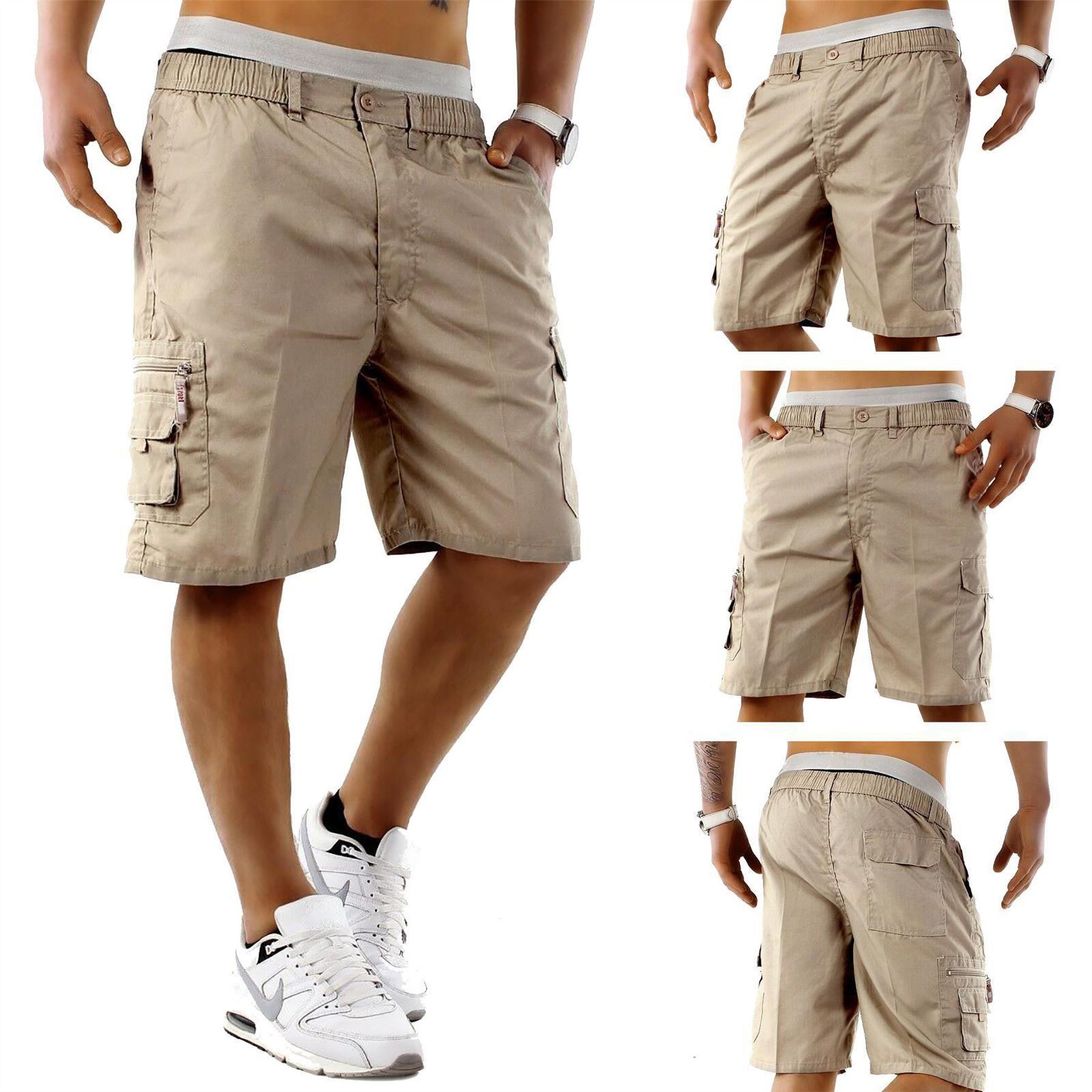 New Mens Elasticated Lightweight Plain Cargo Combat Shorts Multi